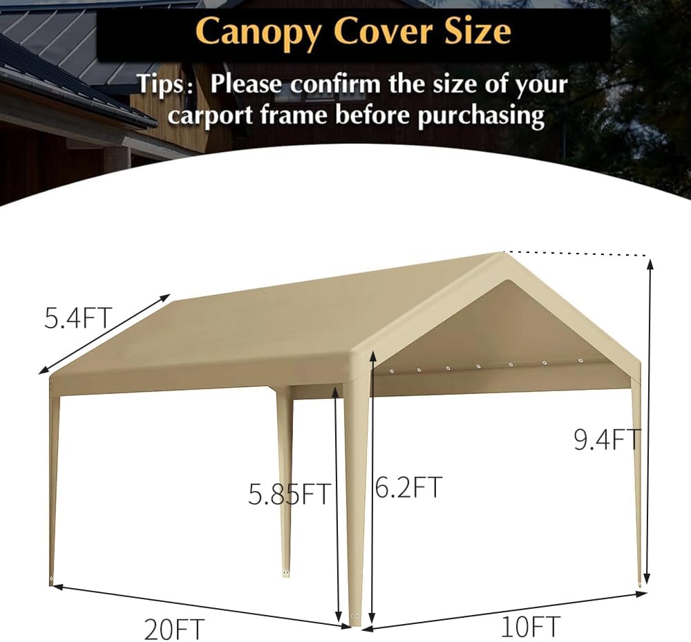 Rutile 10 x 20 FT Carport Replacement Cover, Heavy Duty Car Tarp Canopy Tent Garage Top Shelter Cover with Fabric Leg Pole Skirts and Ball Bungees Beige (Only Top Cover, Frame is not Included)
