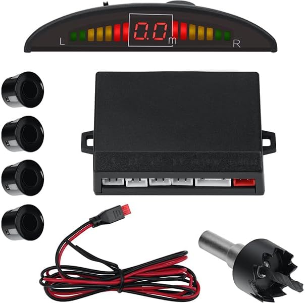 Car Reverse Backup Parking Sensor Radar System kit The LED Display with 3 Colors can Both Shows Distance Data and warn You with beep Sound Adjustable Volume Compact and Easy to Install (Trafficblack)
