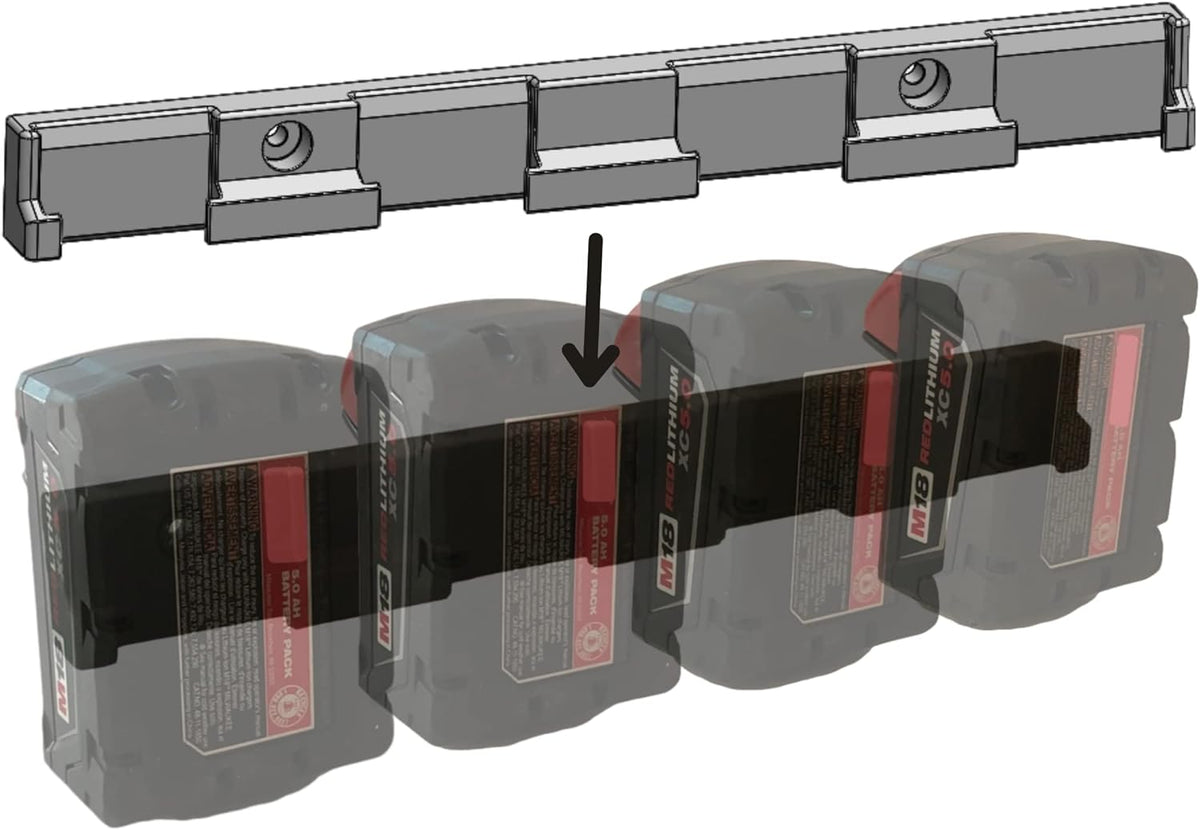 Milwaukee M18 Battery Holder | 4x 18V Battery Storage | Wall Mount | Grey ABS | 0.75 x 1.5 x 12" | Heat Resistant | USA