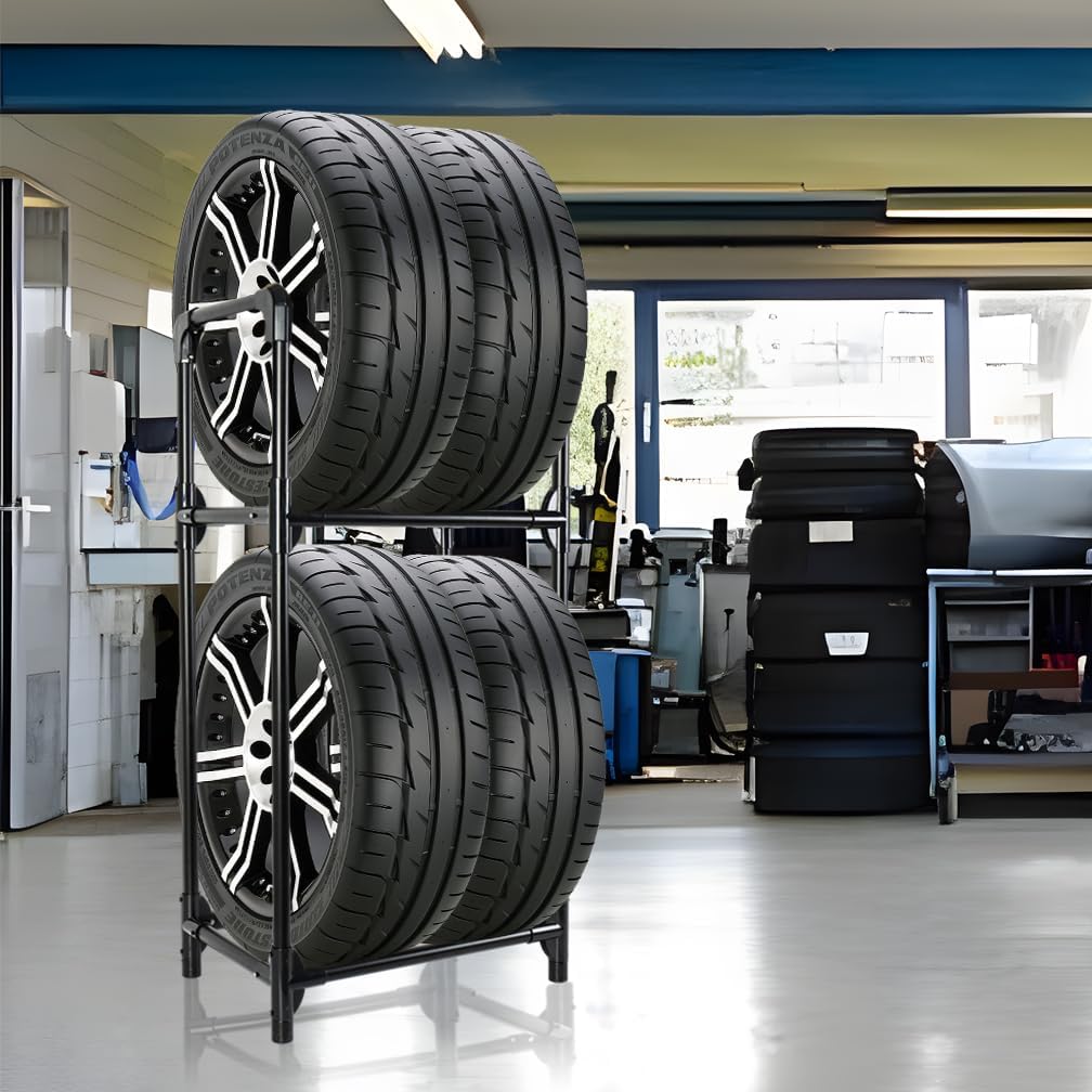 Hershii Tire Storage Rack Standing Garage Storage Shelf Organizer for Indoor Outdoor Use - Black, 22.51'' X 14.16'' X 45.11''
