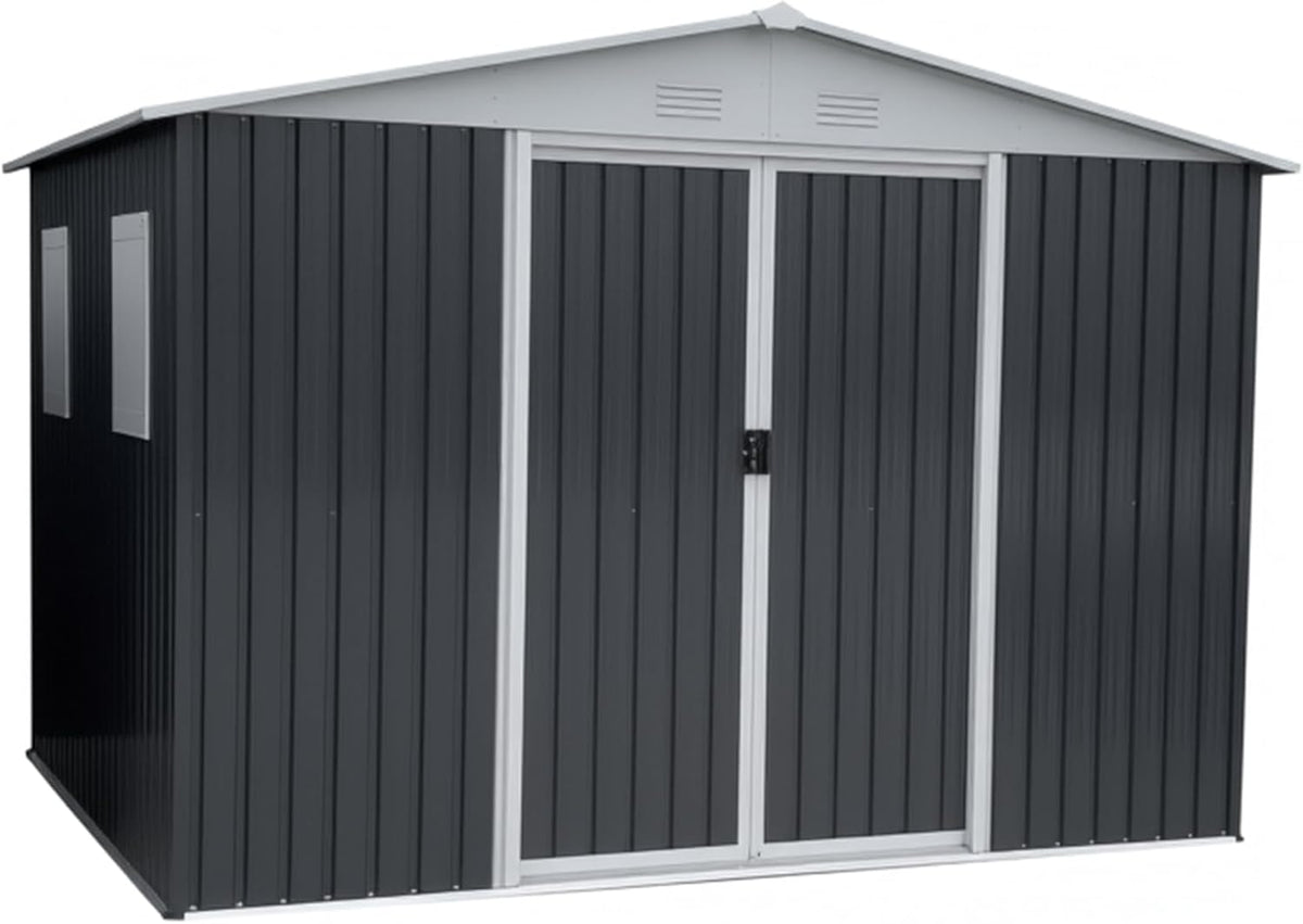 12x10 FT Outdoor Storage Shed with 4 Windows, Durable Metal Garden Sheds w/Updated Frame and Lockable Sliding Doors, Waterproof All-Weather Shelter Tool House for Backyard, Patio, Lawn, Grey