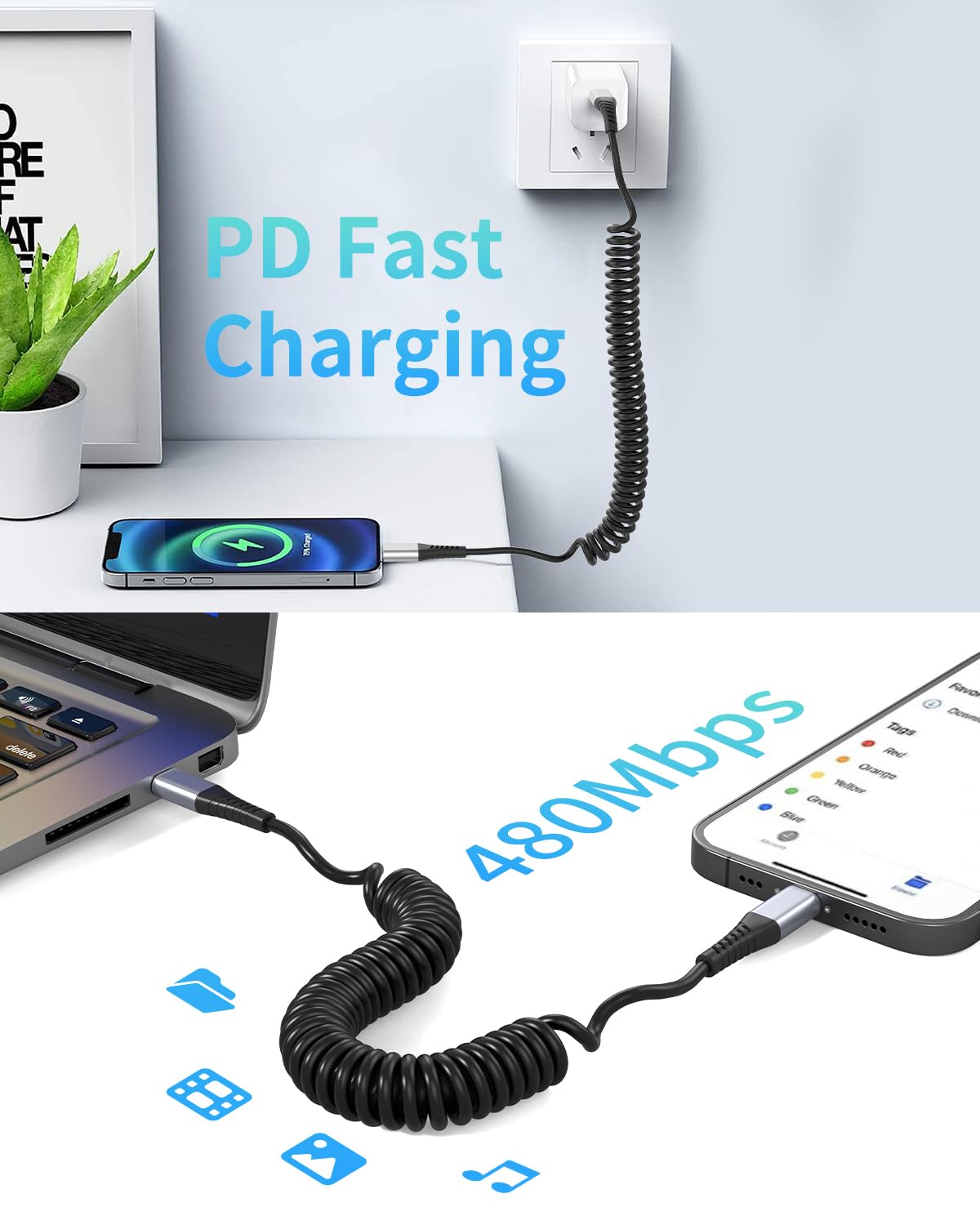 Coiled USB C to Lightning Cable for Car 2 Pack, 3FT Apple Carplay Cable, Short Retractable iPhone Charger Fast Charging Cord for iPhone 14 13 12 11 Pro Max Xs X Xr 8/Airpods