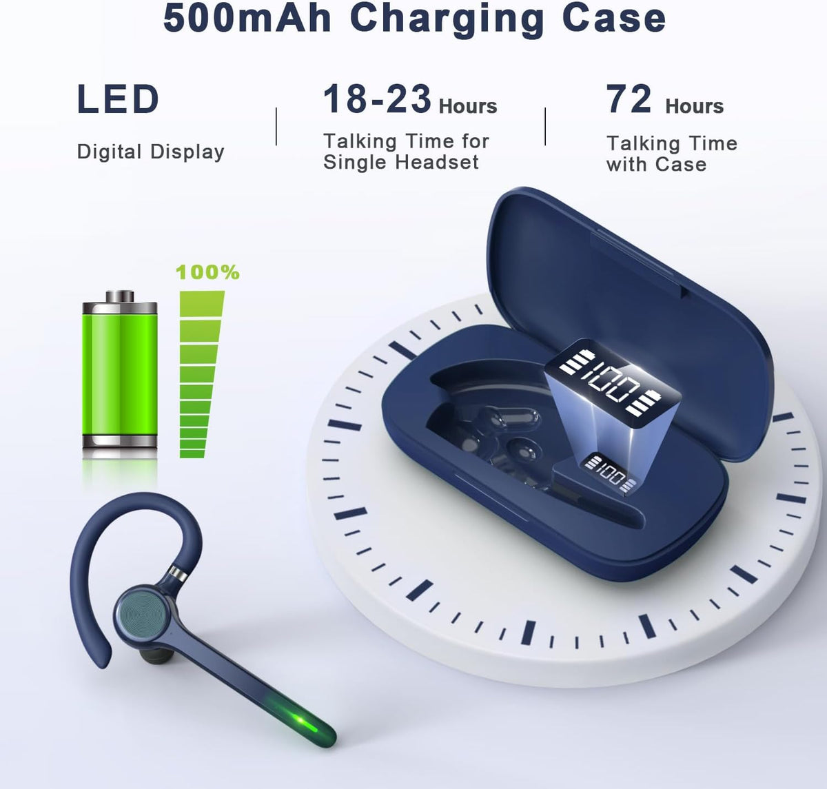Bluetooth Headset, Wireless Bluetooth Earpiece with 500mAh Charging Case 72 Hours Talking Time Built-in Microphone for iOS Android Cell Phone, Hand-Free Headphones for Trucker, Office-Blue