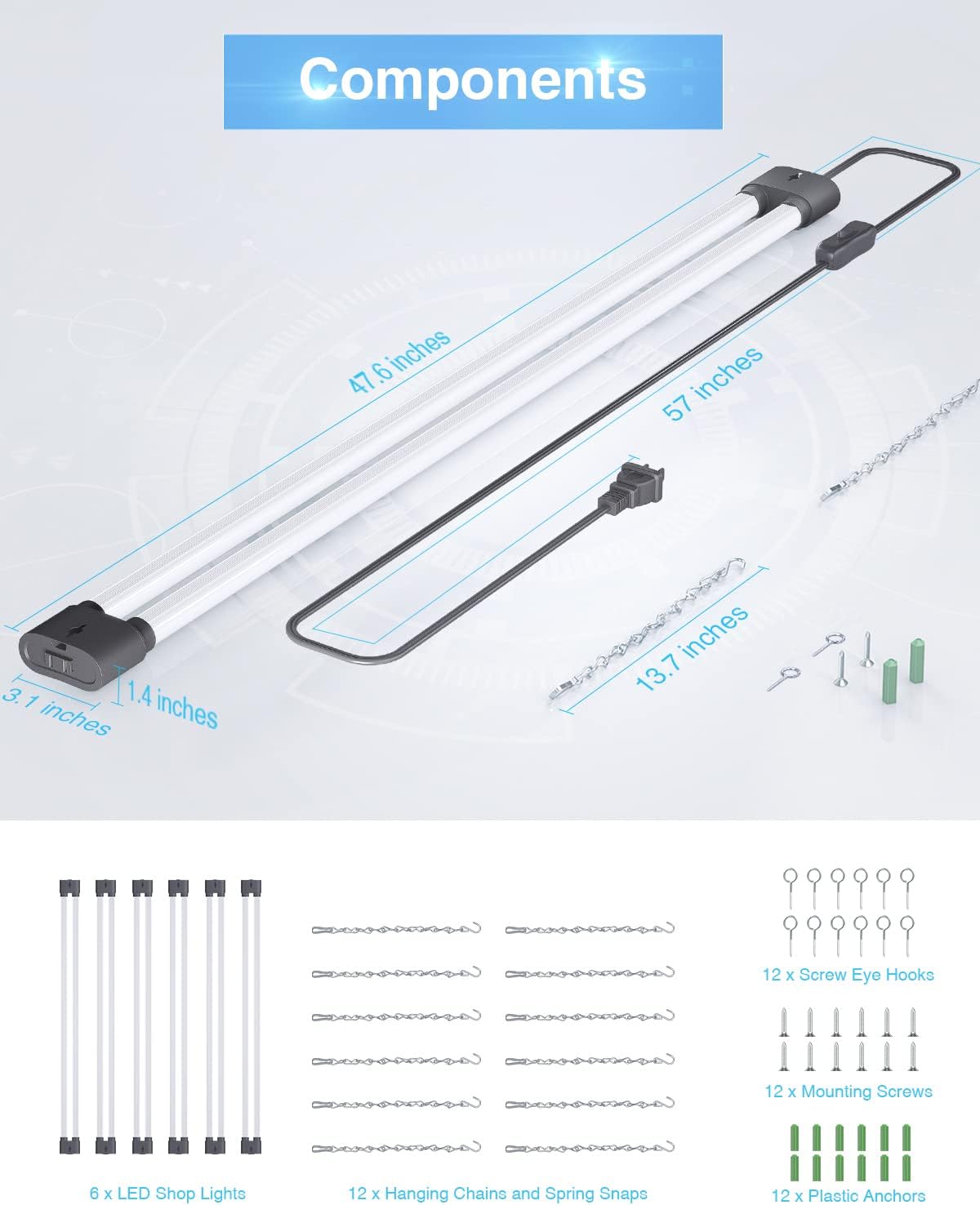 Ensenior 6 Pack Linkable Led Shop Light 4ft for Garage, 4400 High Lumens, 36W Equivalent 280W, 5000K Daylight, 48 Inch Utility Shop led Lights, Surface or Hanging Mount Fixtures, Black, ETL Certified