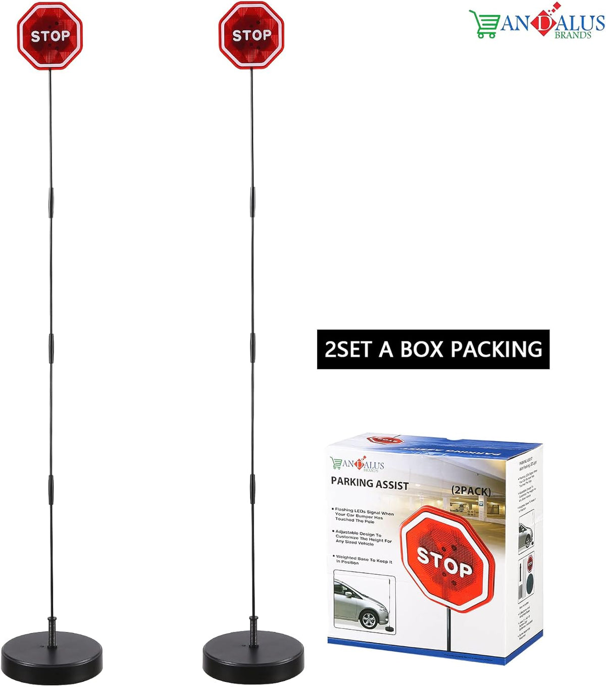 Andalus Brands Flashing LED Stop Sign Garage Parking Assistant System | Bumper Sensor,Red (2 Pack)