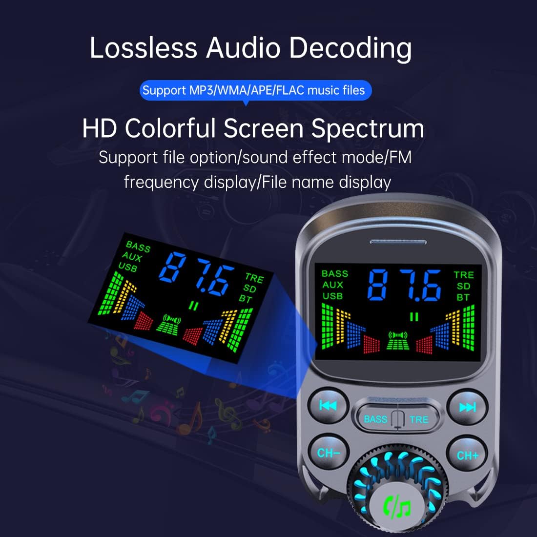 Colorful HD Lossless Sound Quality EQ Sound Adjustment Hands-Free Calling QC3.0 PS3.0 Fast Charge 1.5" Color Large Screen FM Microphone Bluetooth 5.3 Car Adapter