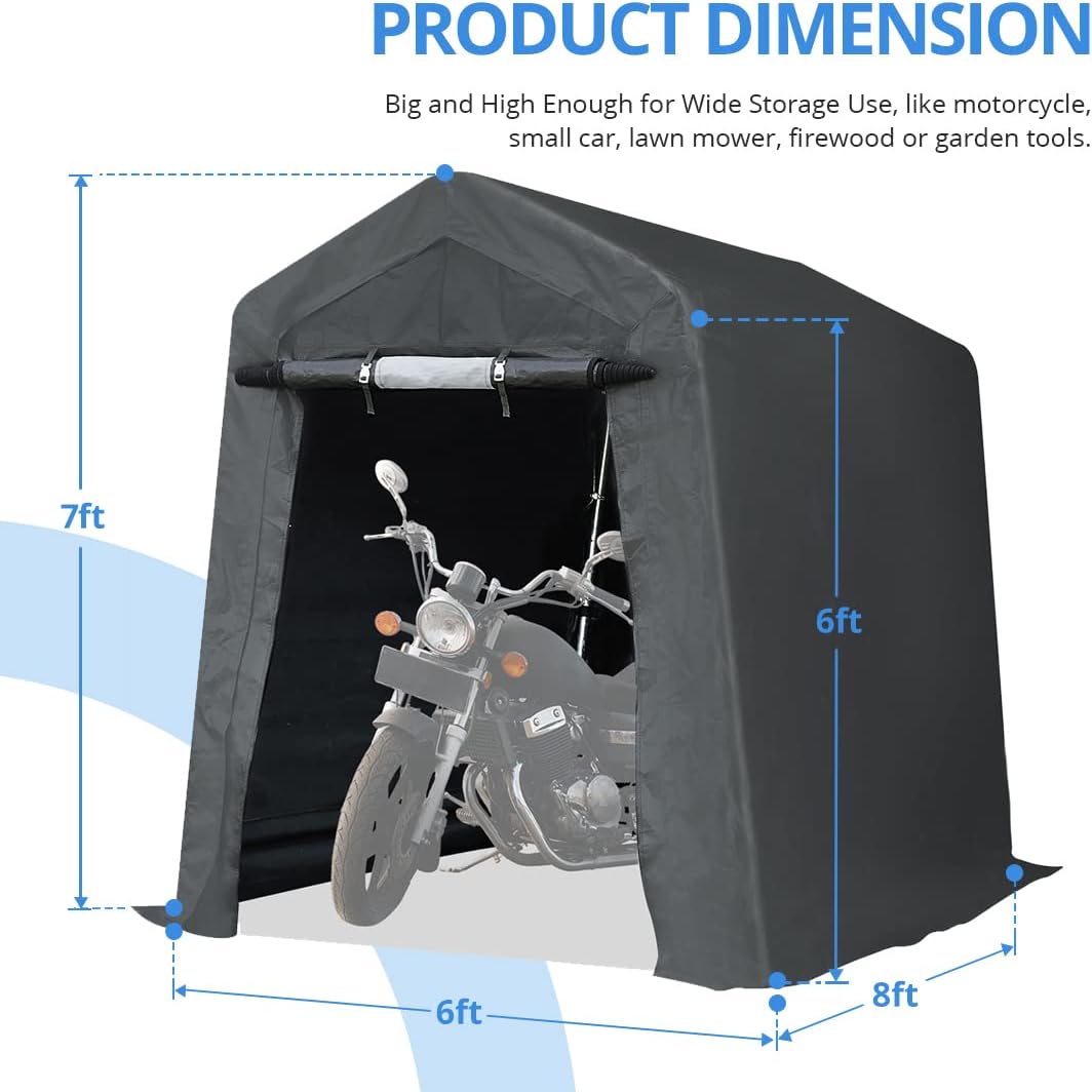 ADVANCE OUTDOOR 6X8 ft Outdoor Portable Storage Shelter Shed with 2 Rolled up Zipper Doors & Vents Carport for Motorcycle Waterproof and UV Resistant Portable Garage Kit Tent, Gray