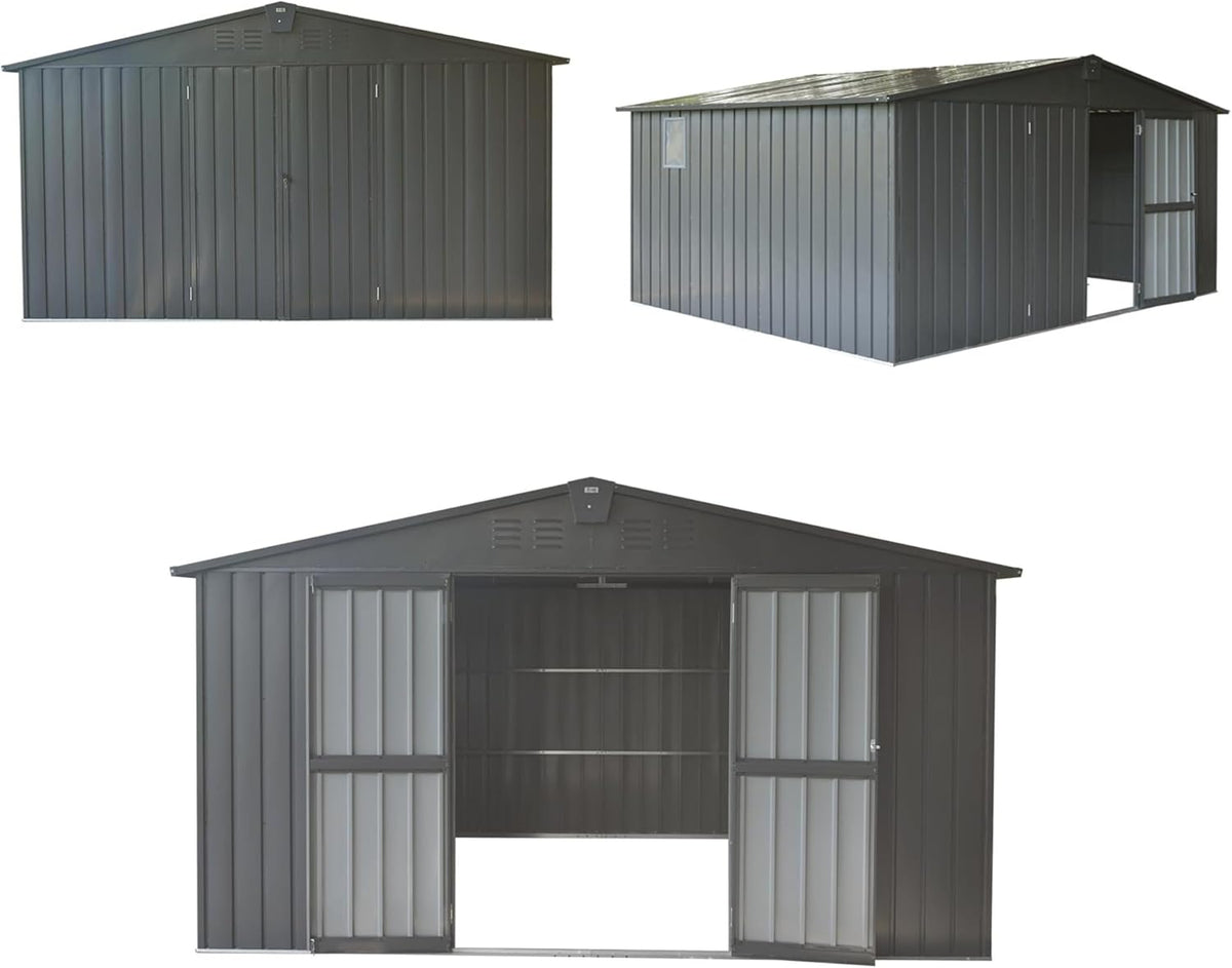 IKERY Large Galvanized Steel Storage Shed 11' x 9' with Windows & Lockable Door - Outdoor Garden & Utility Tool Shed for Backyard, Patio - Dark Gray