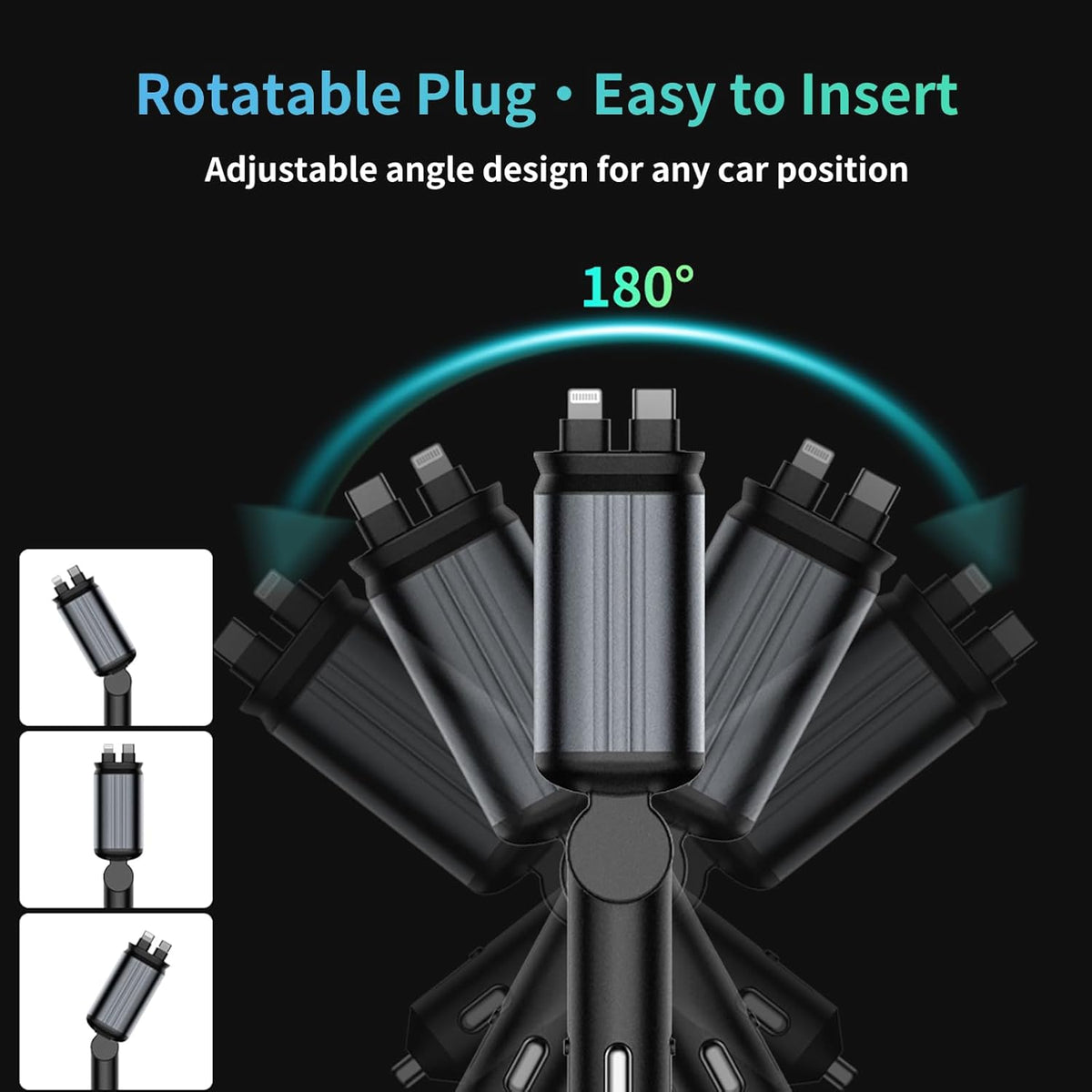 MLVOC Starlight Retractable 66W USB C Car Charger, 4-in-1 Fast Charging Adapter with Dual USB Ports, PD & QC 3.0 for iPhone, Samsung, Android (Black)