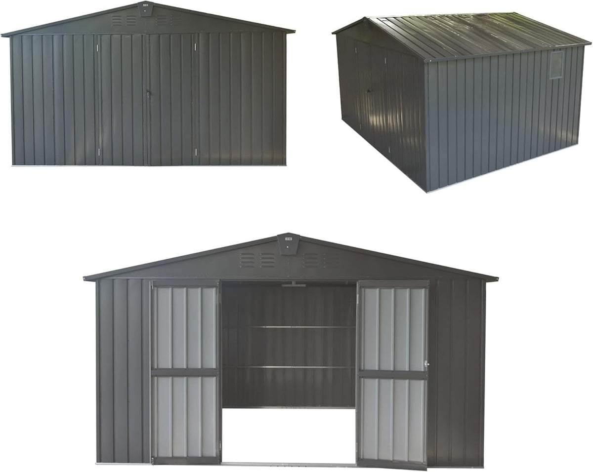 IKERY Extra Large Galvanized Steel Storage Shed 11' x 12.5' with Windows & Lock - Garden & Utility Tool Shed for Backyard, Patio - Dark Gray