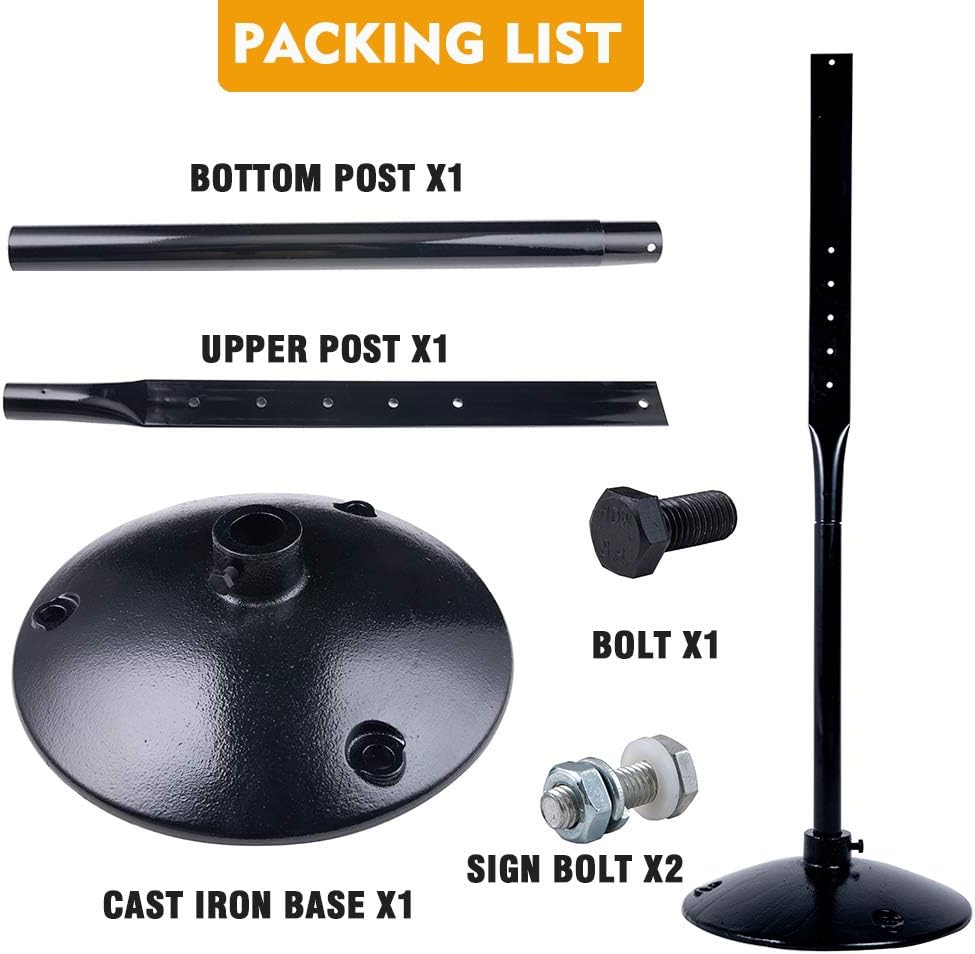 Heavy Duty Cast Iron Sign Post and Base Kit - 17" DIA Stand with 48" Post and Bolts & Nuts for Hanging Signs, Portable Sign Holder for Parking and Recreational Use