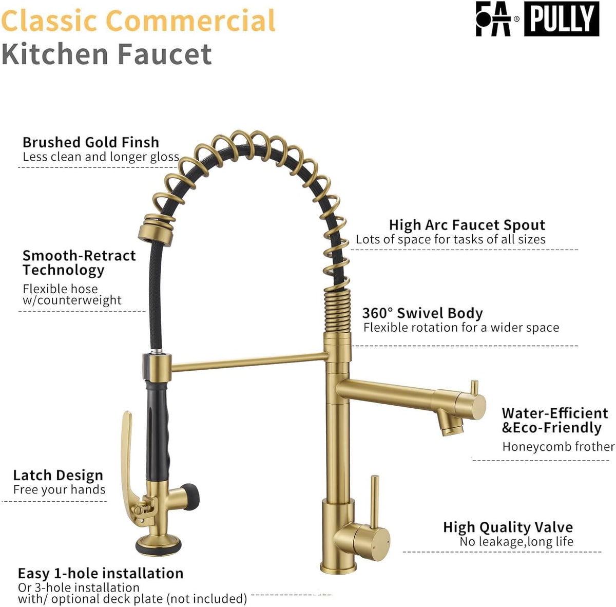 Brushed Gold Kitchen Faucet with Pull Down Sprayer, Commercial Brass Kitchen Faucet Single Handle Spring Faucets for Kitchen Sink Fapully