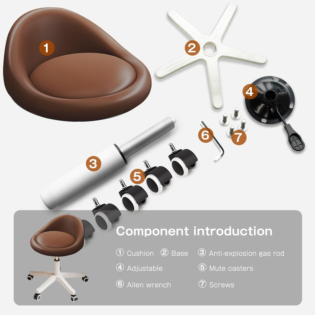Rolling Stool Set of 2 Rolling Hydraulic Salon Stool with Low Backrest - Adjustable Swivel Chair for SPA, Shop, Salon, Massage, or Medical Office Brown