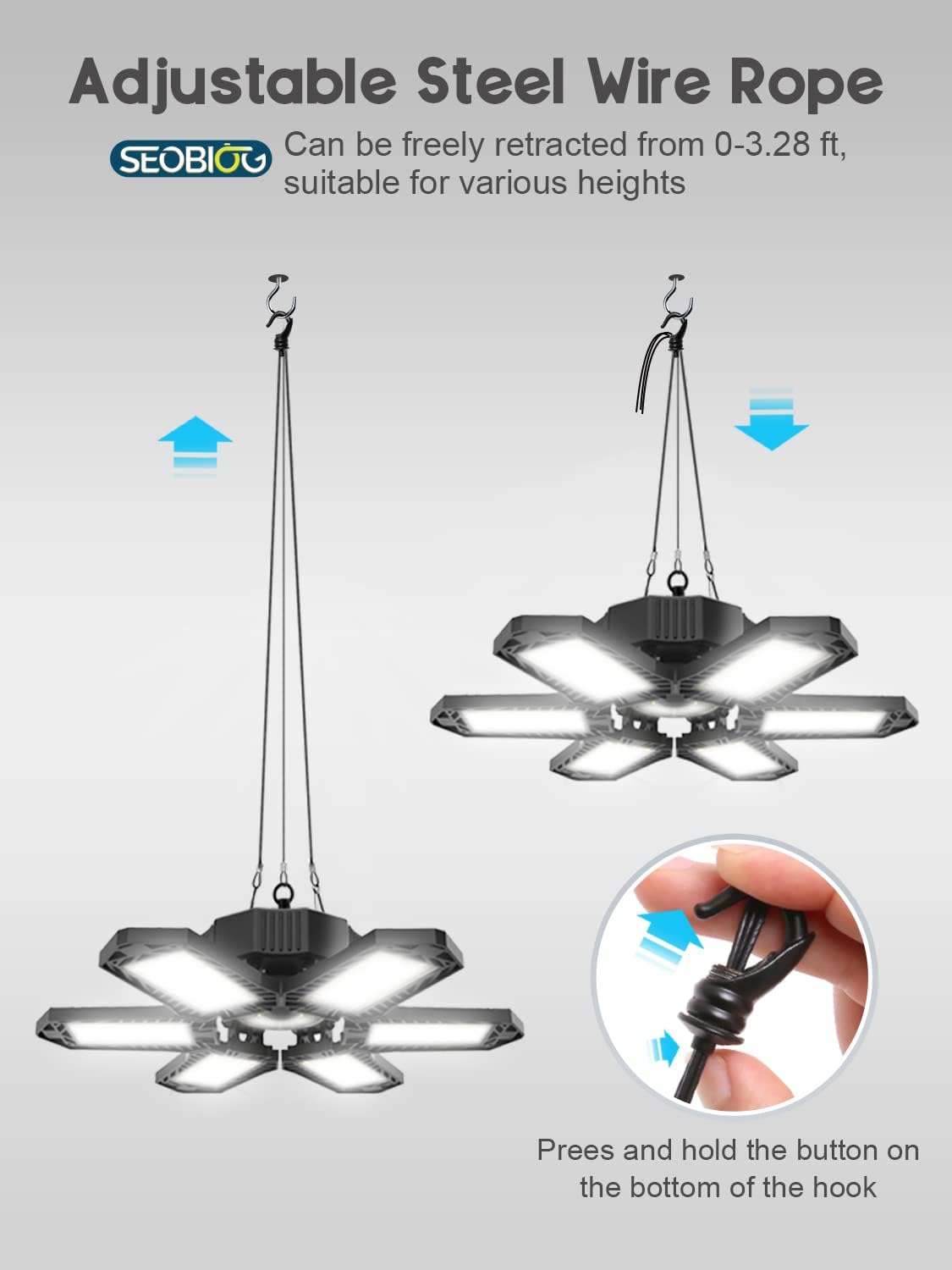 SEOBIOG LED Garage Lights - 6 Pack, 200W 20000LM Plug-in Shop Light with 6+1 Deformable Panels for Garage, Warehouse, Barn, Basement (Built-in ON/Off Switch)
