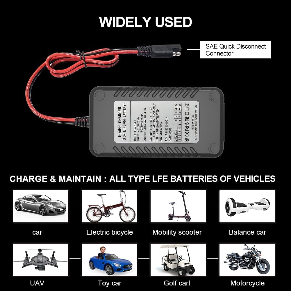 4-Amp LiFePO4 Battery Charger,14.6 Volt Lithium Battery Charger,Smart Charger for Cars,Motorcycles,Lawn Mowers,Toy Cars,Golf Carts,UAV,Fishing Boat,Lithium and Deep Cycle Batteries