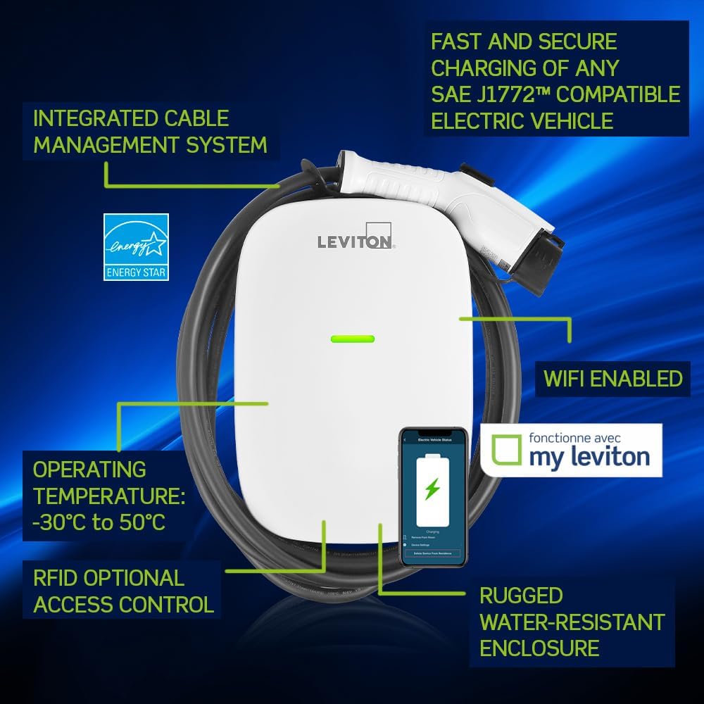 Leviton Level 2 Smart EV Charger with Wi-Fi, 48 Amp, 208/240 VAC, 11.6 kW Output, 18' Cable, Indoor/Outdoor Hardwired EV Charging Station, My Leviton Compatibility, EV48W EVSE