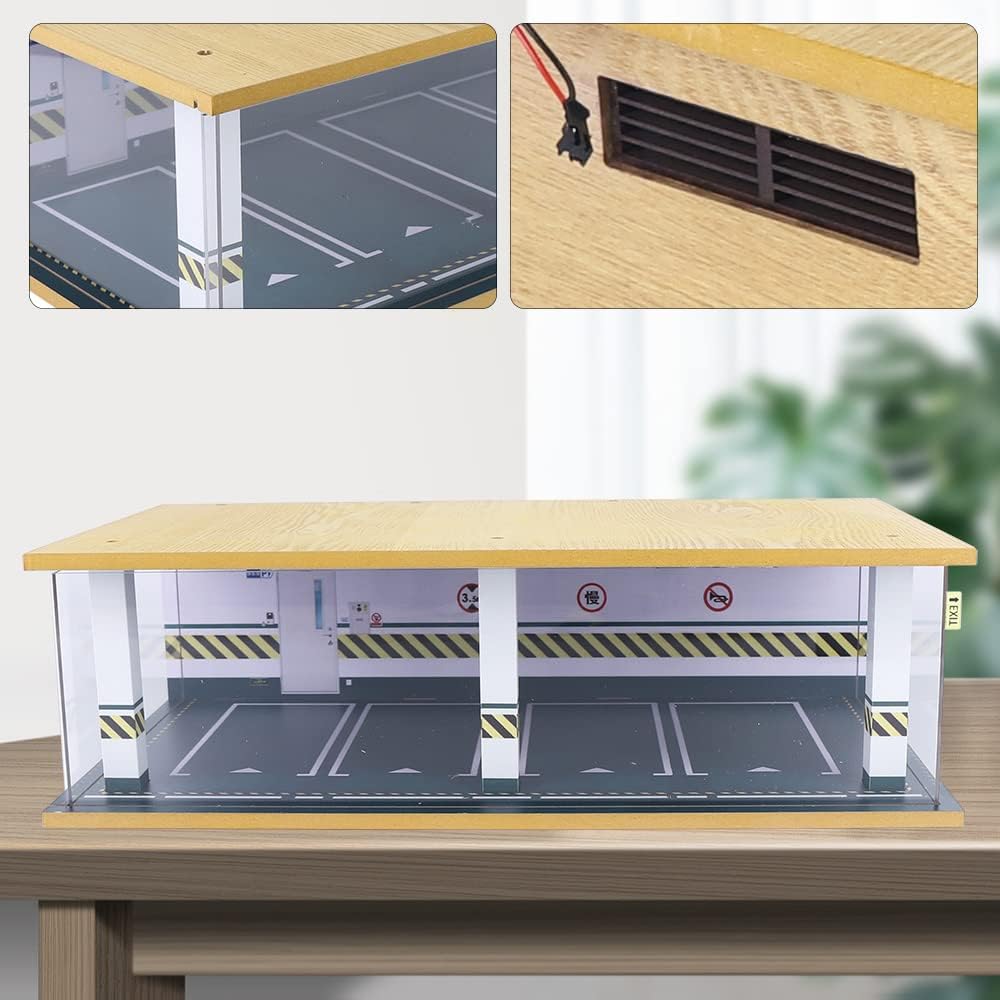 1/24 Parking Garage Model Car Garage Display Case with Clear Acrylic Cover and LED Lighting Toy Car Storage Tabletop Showcase for Boy Kids Home Toy Stores