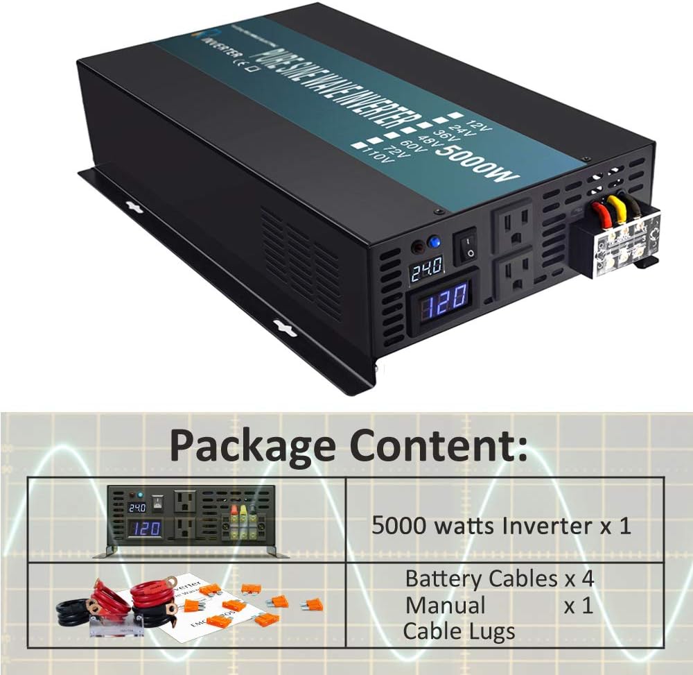 WZRELB Pure Sine Wave 5000W (10000W Surge) 24V Power Inverter DC to AC Power - Solar, RV, RBP-S500024