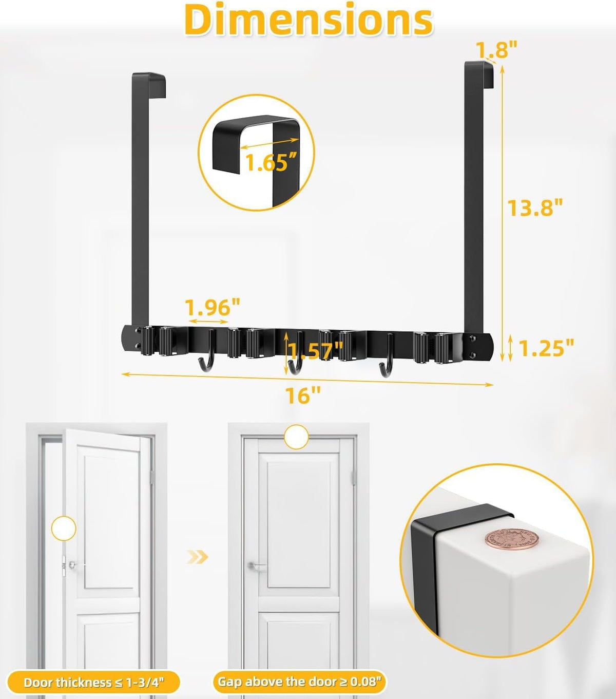 Broom Holder Over The Door 2Pack - 304 Stainless Steel Mop and Broom Hanger Wall Mounted or Hanging Over The Door with Hooks - Tool Organizer for Garage Closet Laundry Kitchen Decor