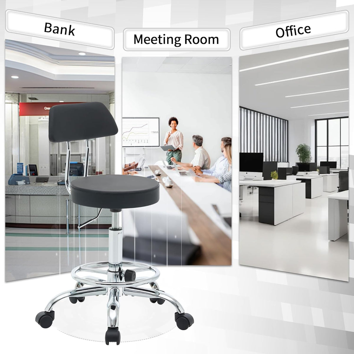 Office Chair with Back (Adjustable Height Posture Stool 19.5’’-26.6’’)(Drafting Chair on Wheels) Work Stool with Footrest (Black)