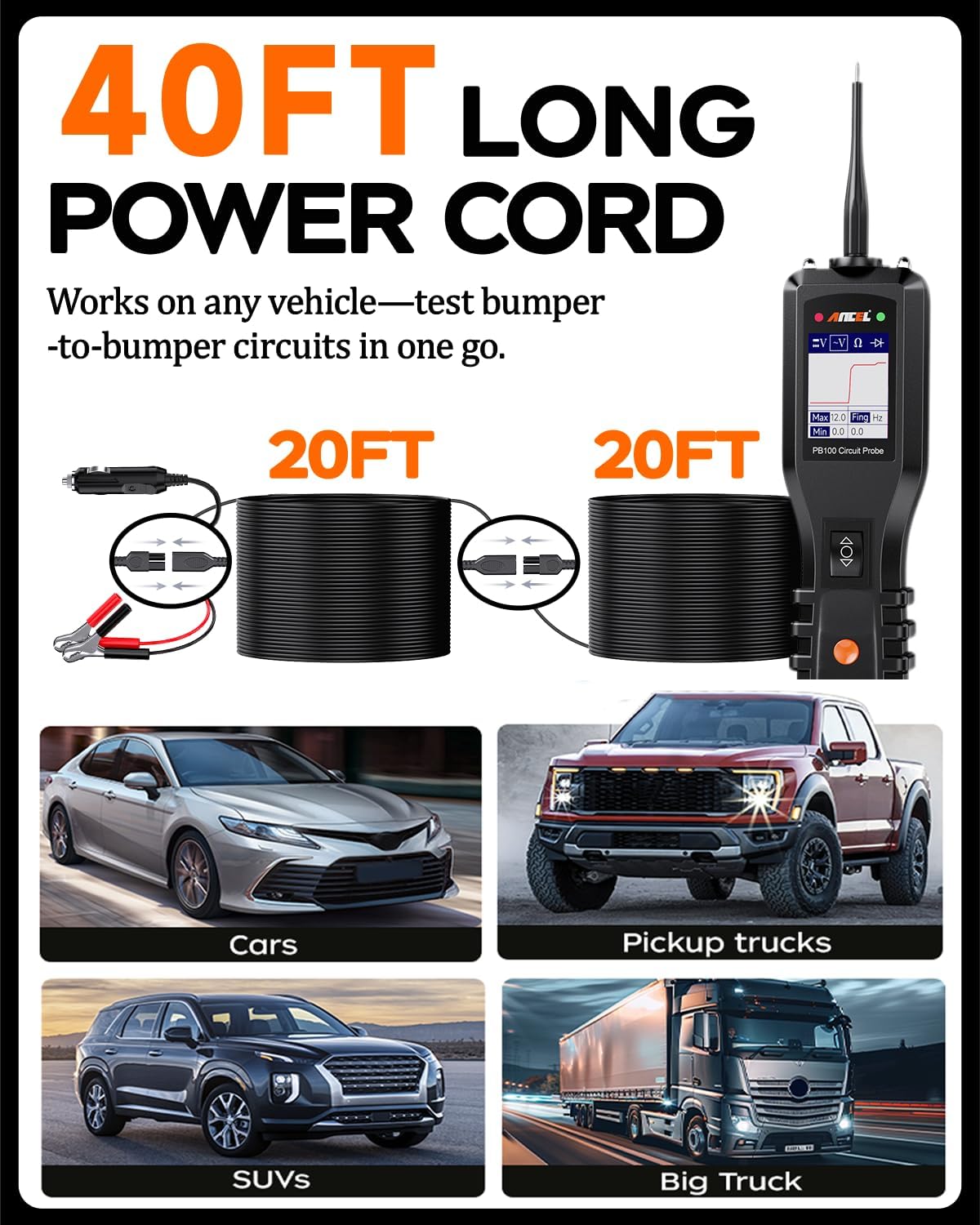 ANCEL PB100 Automotive Power Circuit Probe Tester, 12 24V Electrical Short/Open Breaker Finder, AC DC Diode Resistance Relay Tester, Continuity Test Digital Multimeter/Ohmmeters, 20 + 20FT Cable
