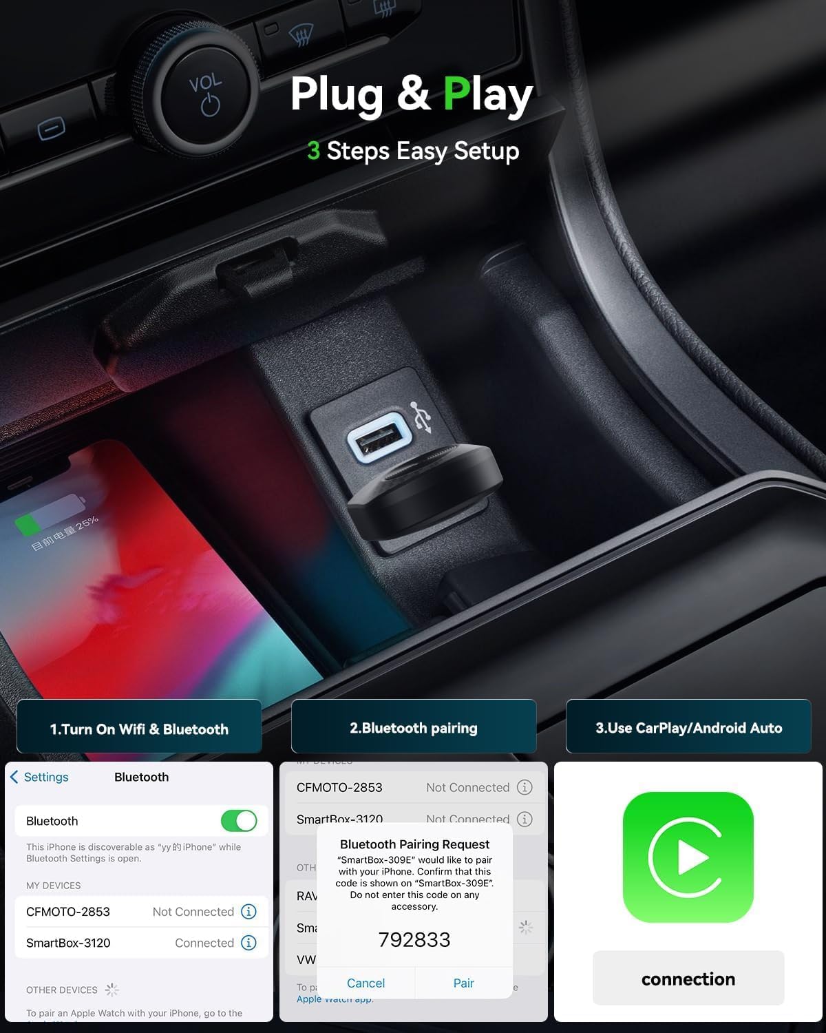 2-in-1 Apple CarPlay & Android Auto Wireless Adapter - 2025 Upgraded Mini Dongle with USB-C, Plug & Play Seamlessly Converts Factory Wired to Wireless, Fast Auto-Connect No Delay for Cars 2016+