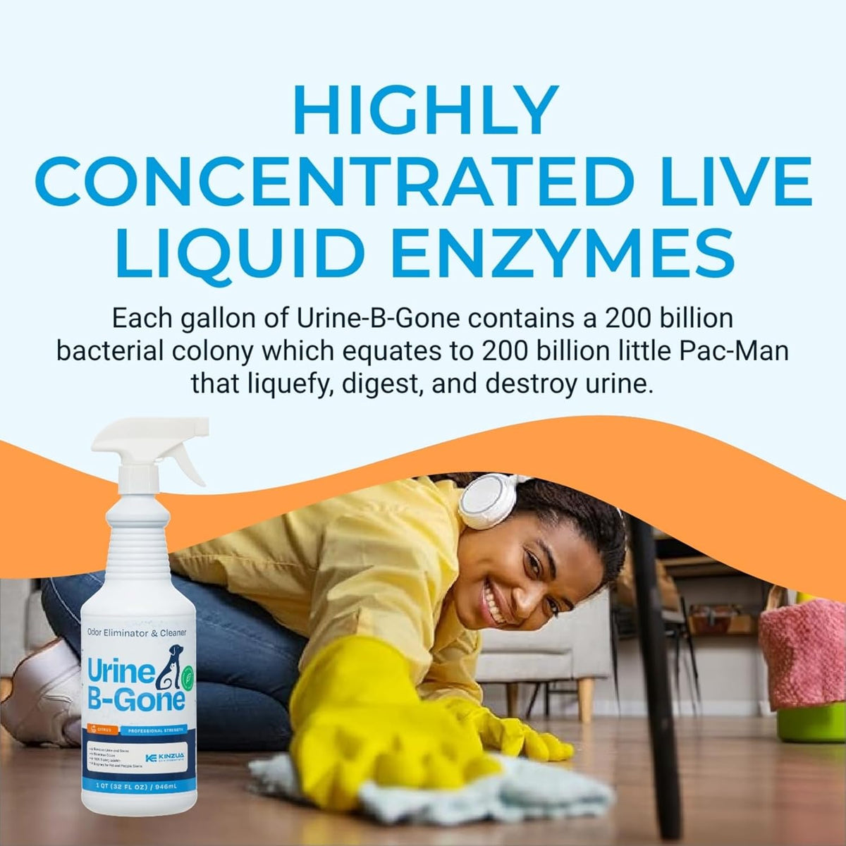 KINZUA ENVIRONMENTAL Urine B-Gone, Professional Enzyme Odor Eliminator & Pet Stain Remover, Human, Cat & Dog Urine Cleaner, Effective on Laundry, Carpets & More, Citrus Scent, 32oz
