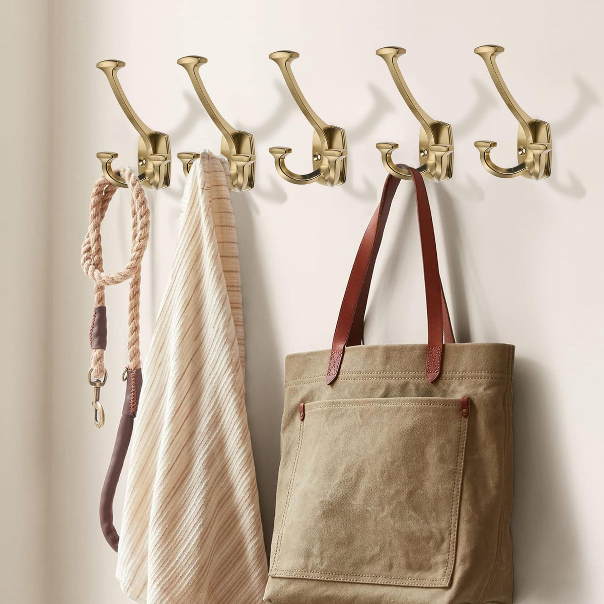 Large Wall Double-Sided Hook 5 Pack Champagne Brozne Hook Decorative Heavy Duty Solid Large Coat Hooks for Towel Hanging Coats Robe Towel Bags Door Back 2 Prong Hooks