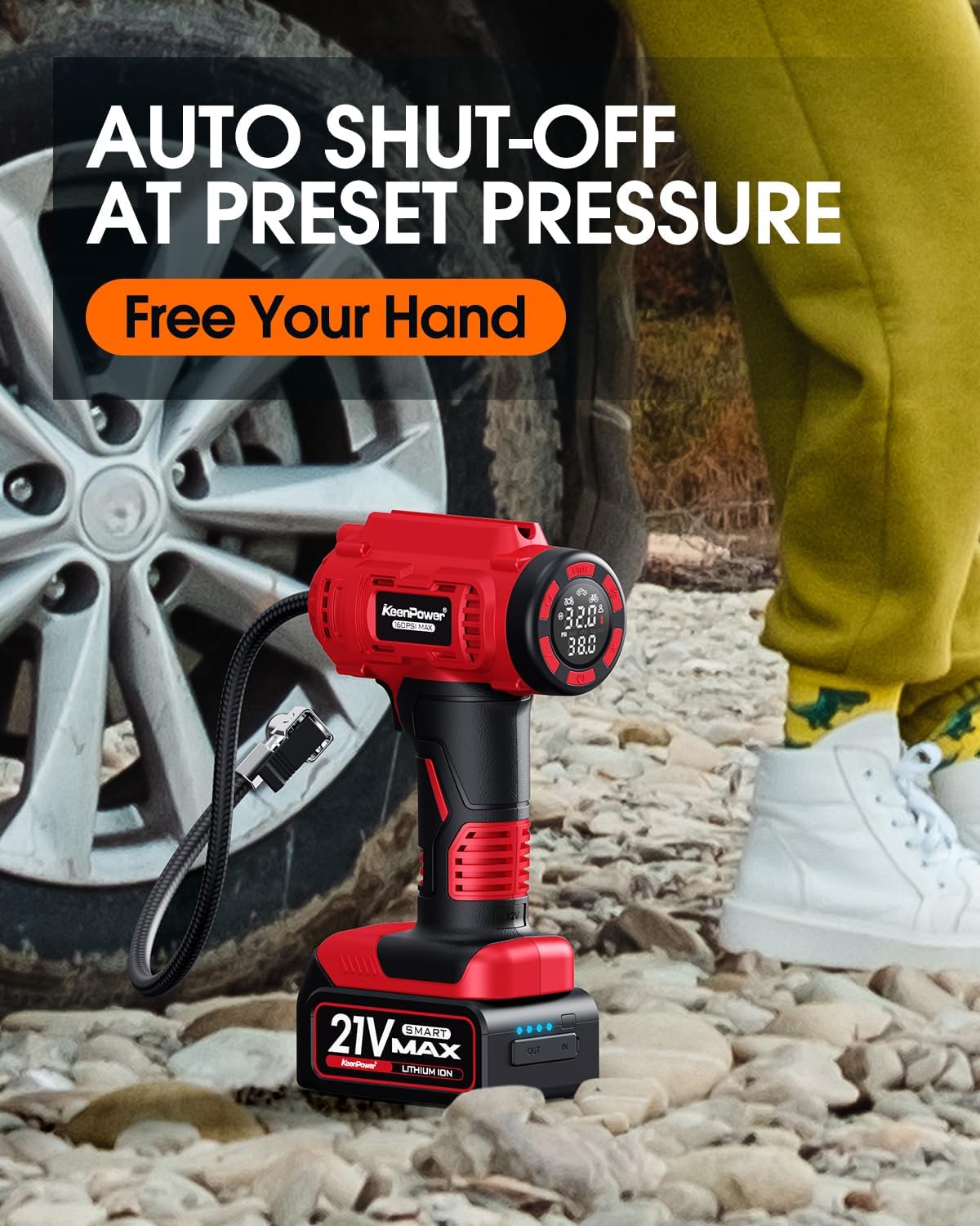 Cordless Tire Inflator Portable Air Compressor, 160PSI Car Tire Air Pump, 21V Rechargeable Battery Powered Air Compressor, Dual Power, Larger HD Digital Gauge w/4+N Smart Modes (Red)