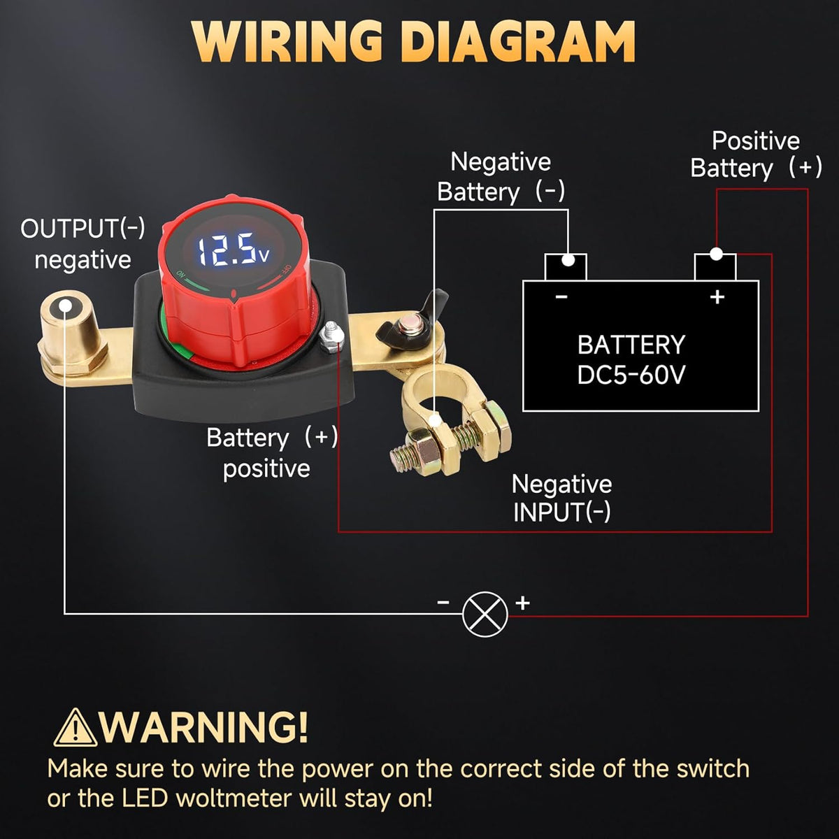 Top Post Battery Disconnect Switch with Voltmeter, DC 5-60V Battery Kill Switch Master Isolator On Off Kill Switch Power Cut/Shut Off Switch for Boat Car RV Truck Camper Trailer
