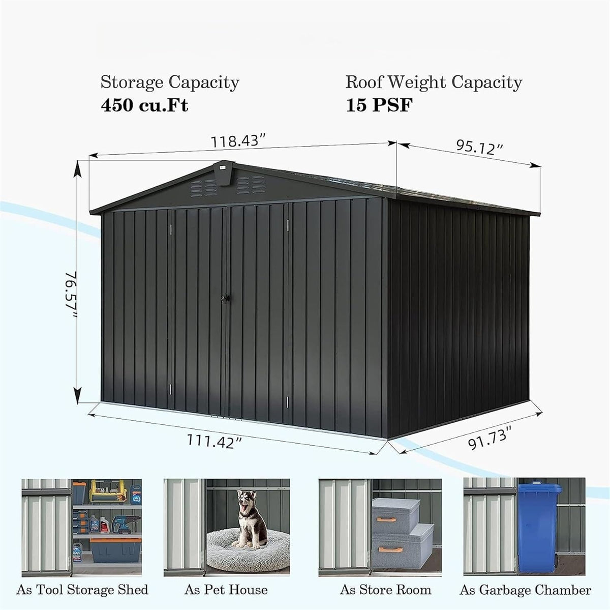 IKERY Galvanized Steel Storage Shed 10' x 8' with Lockable Door - Extra Large Metal Garden Shed for Bikes, Tools, Trash Cans - Backyard & Patio - Dark Gray