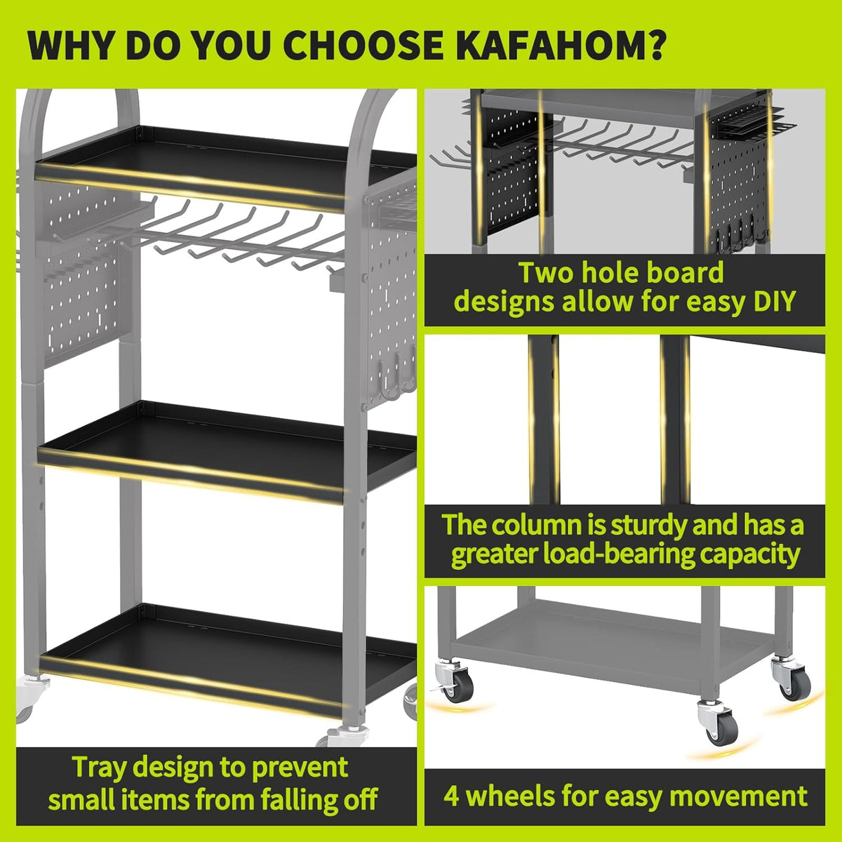 KAFAHOM Power Tool Organizer - 4 Tier Rolling Tool Cart with 8-12 Drill Holder,Tool Storage Cart on Wheels - Heavy Duty Metal Utility Tool Shelf for Garage, Workshop, Warehouse & Repair Shop