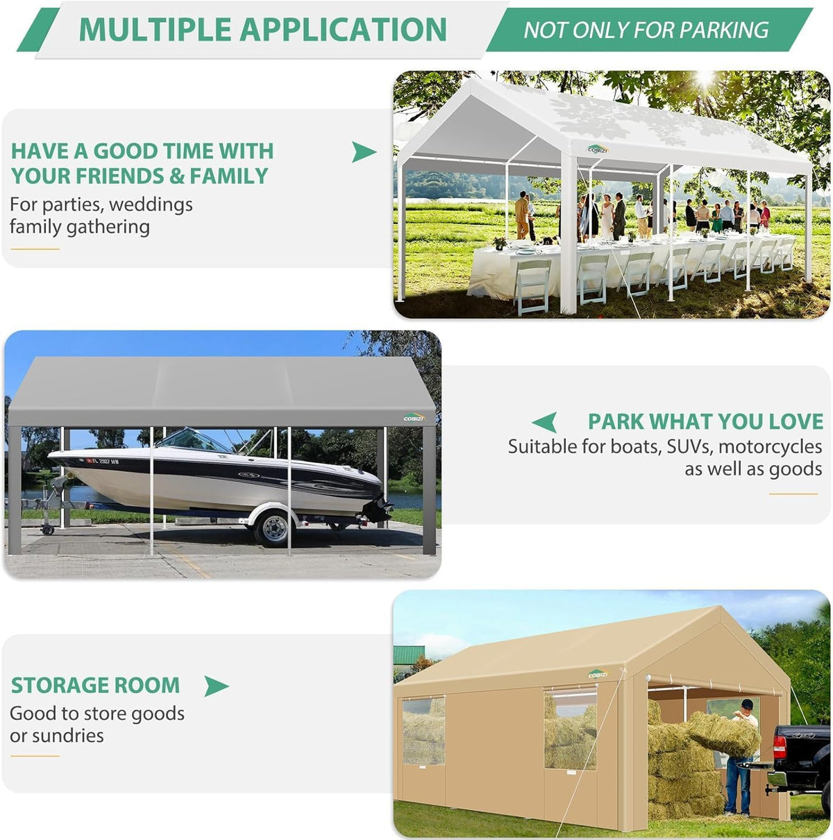 COBIZI Carport 10x20ft Heavy Duty Portable Garage, 2.0 Powder Coated Frame(Better Than Galvanized), Waterproof Shelter with Removable Sidewalls & Windows, Built-in Sandbags, for Car/Boat/SUV, White