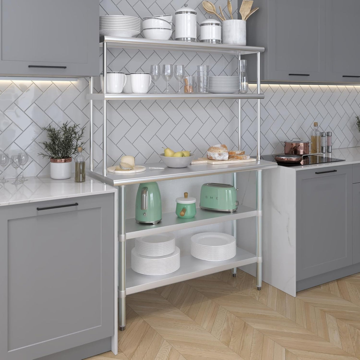 Amgood Stainless Steel Work Table with 2 Shelves | Metal Kitchen Prep Table & Shelving Combo (18" x 48" Table with 2 Shelves + 12" Overshelf)