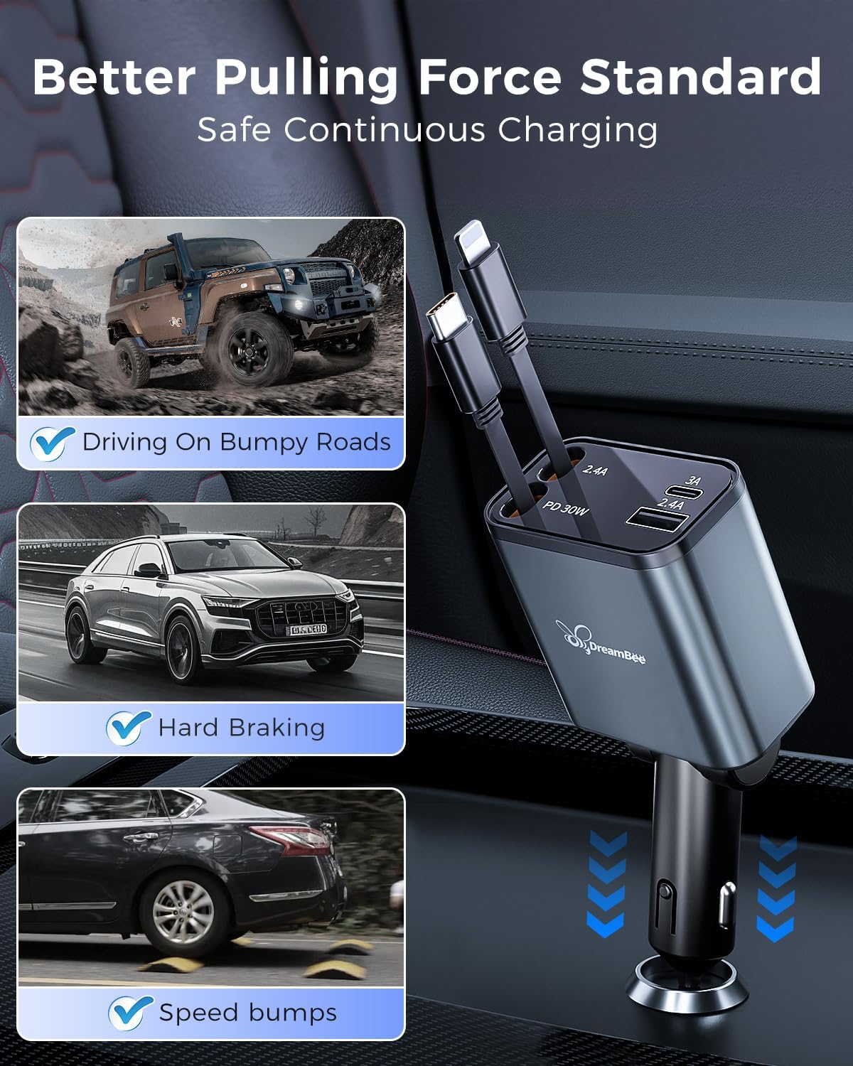 Retractable 70W USB Car Charger Adapter, 4 in 1 Fast Phone Charger, 2 Retractable Cords, USB C, Compatible with iPhone 16/15/15 Pro Max/14/13/12/11, Samsung