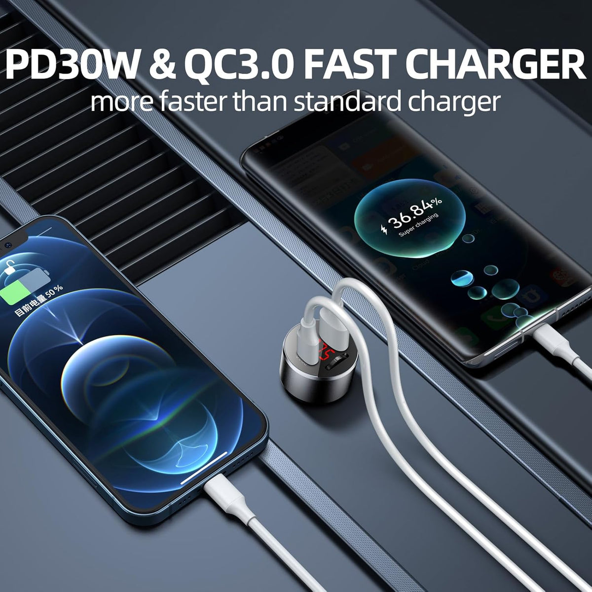 AUX Car Adapter FM Transmitter,iMyOnly QC/PD All-Metal Bluetooth V5.3 AUX Adapter for Car Music Player, Bluetooth Transmitter with Hands-Free Calling
