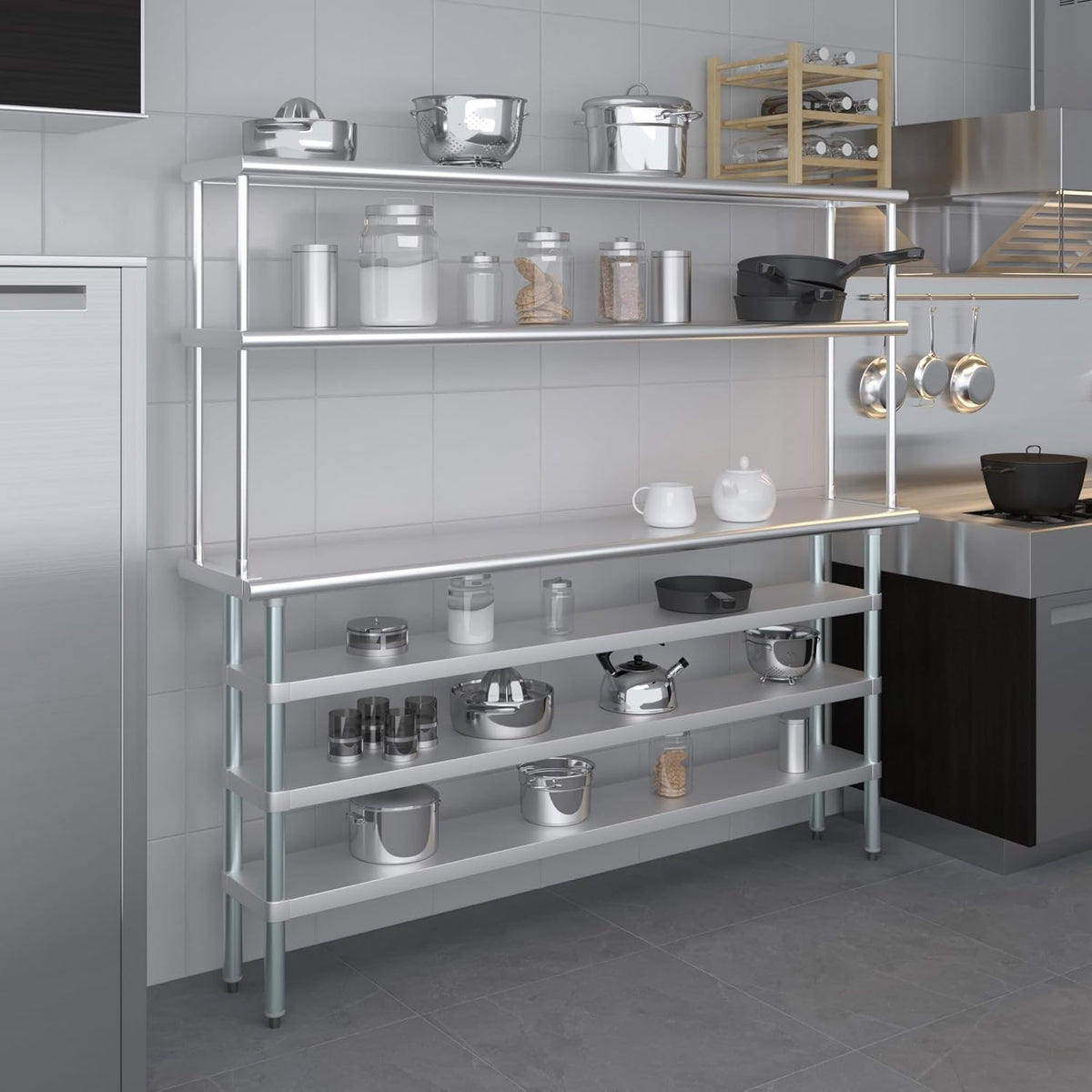 Amgood 14" x 72" Stainless Steel Work Table with 3 Shelves and 12" Wide Double Tier Overshelf | Metal Kitchen Prep Table & Shelving Combo | NSF