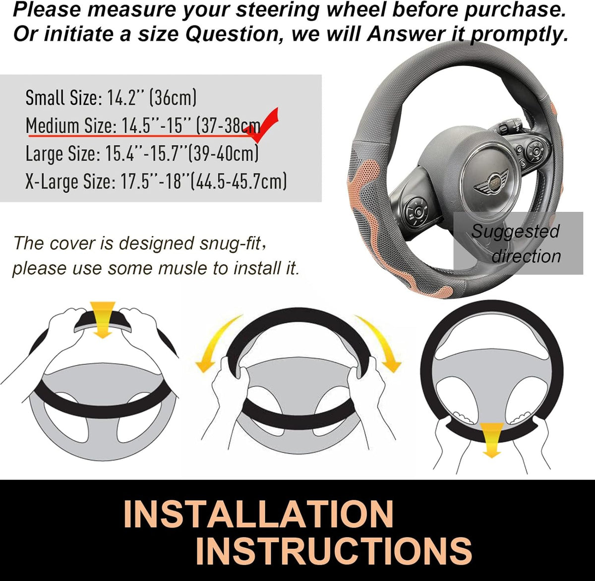 PINCTROT Comfy Grip Steering Wheel Cover, Anti-Slip Design, Universal 14.5-15 Inch(Silicone Brown)