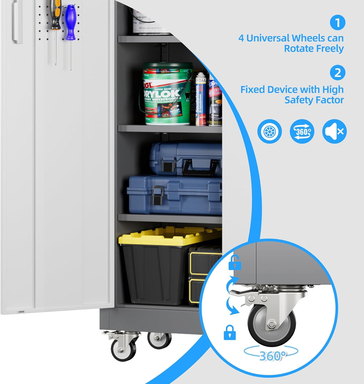 Metal Garage Cabinet with Wheels and Pegboard 71'' x 32'' x 16'', Lockable Rolling Steel Cabinet with 5 Adjustable Shelves and Door for Garage, Office, Kitchen, Assembly Required