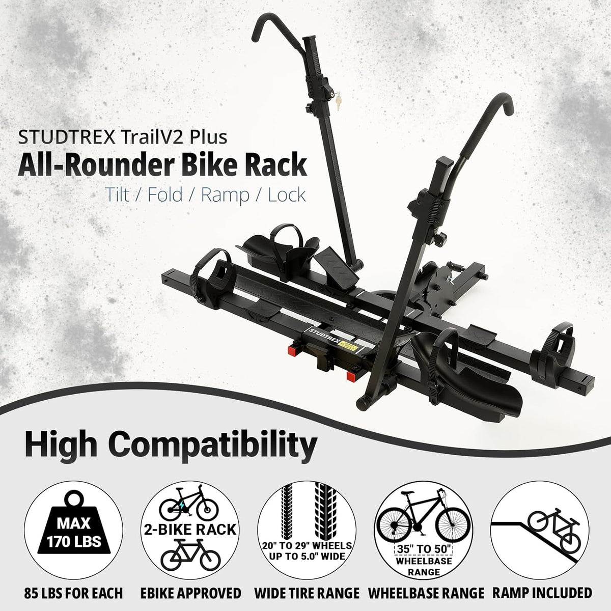 TrailV2 Plus Hitch 2 Ebike Rack with Ramp, Tilt, Fold, Anti-Theft Hitch & Wheel Locks, Heavy Duty 170 lbs Capacity, Fits 2" Receiver, Max 5" Fat Tires, Electric Bike Rack for for Car, SUV, Truck, RV