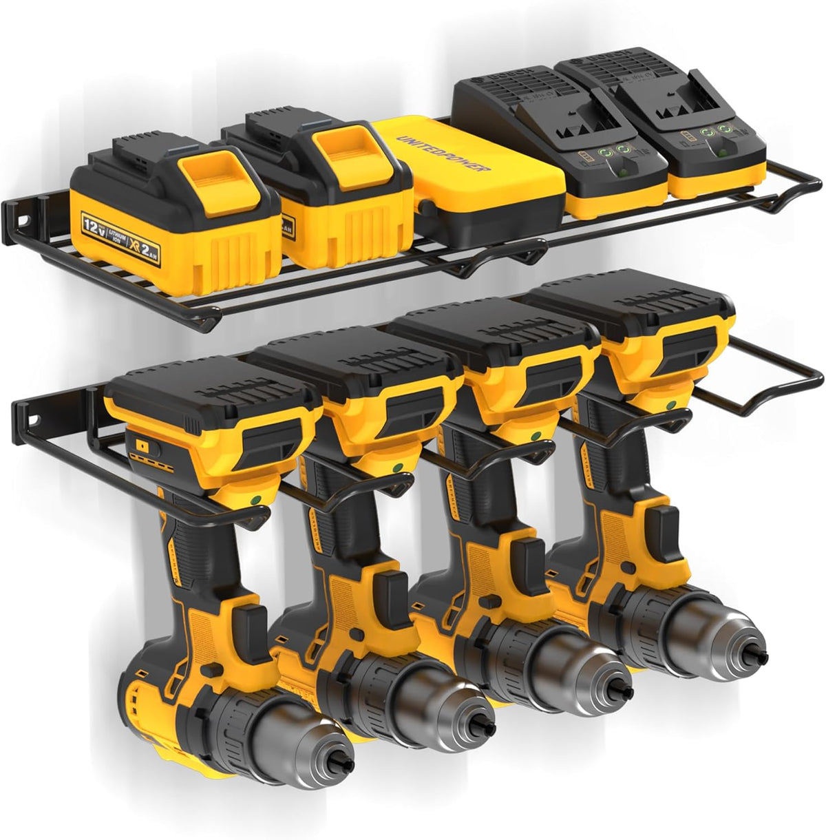UNITEDPOWER Wall Mounted Drill Rack & Tool Shelf, Power Tool Organizer Holder, Heavy Duty Utility Storage Rack for Cordless, Battery Powered Hand Tools, Workshop, Shed, Garage