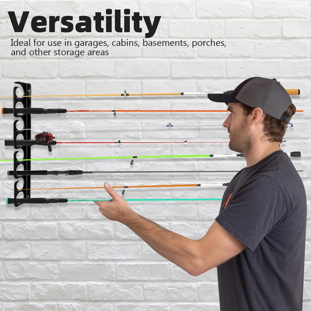 Wall or Ceiling Fishing Rod Storage Rack Vertical Horizontal Holder with 16 Capacity Fishing Rods Reels Mounted Roof Carrier Hooks Hanger for Garage Cabin and Basement Gear Accessories