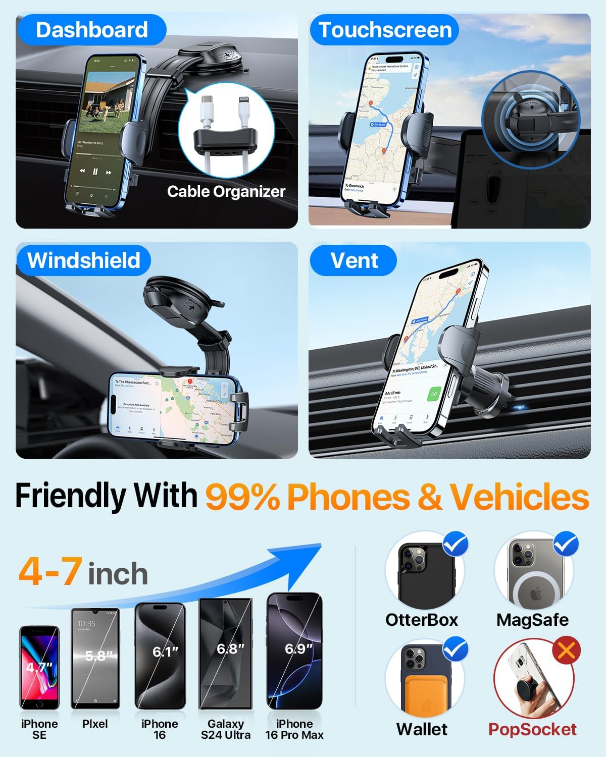 HTU Upgraded Strongest Suction Car Phone Holder Bendable Arm, Never Block View Rotatable Cellphone Mount for Dashboard Windshield Vent, Cradle Stand for iPhone 16 15 14 13 12 Pro Max (Grape Purple)