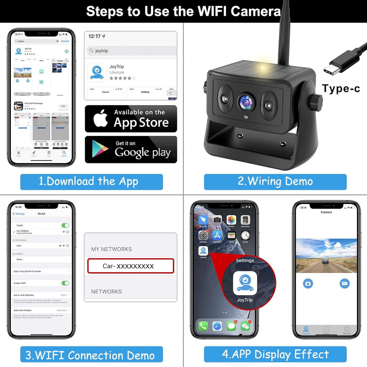 Wireless Backup Camera for RV/Truck/Camper/Trailer - Solar-Powered Strong Magnetic Mount, No Wiring/Drilling, HD Night Vision, Waterproof, Low Power - Works with iPhone & Android (Easy Installation)