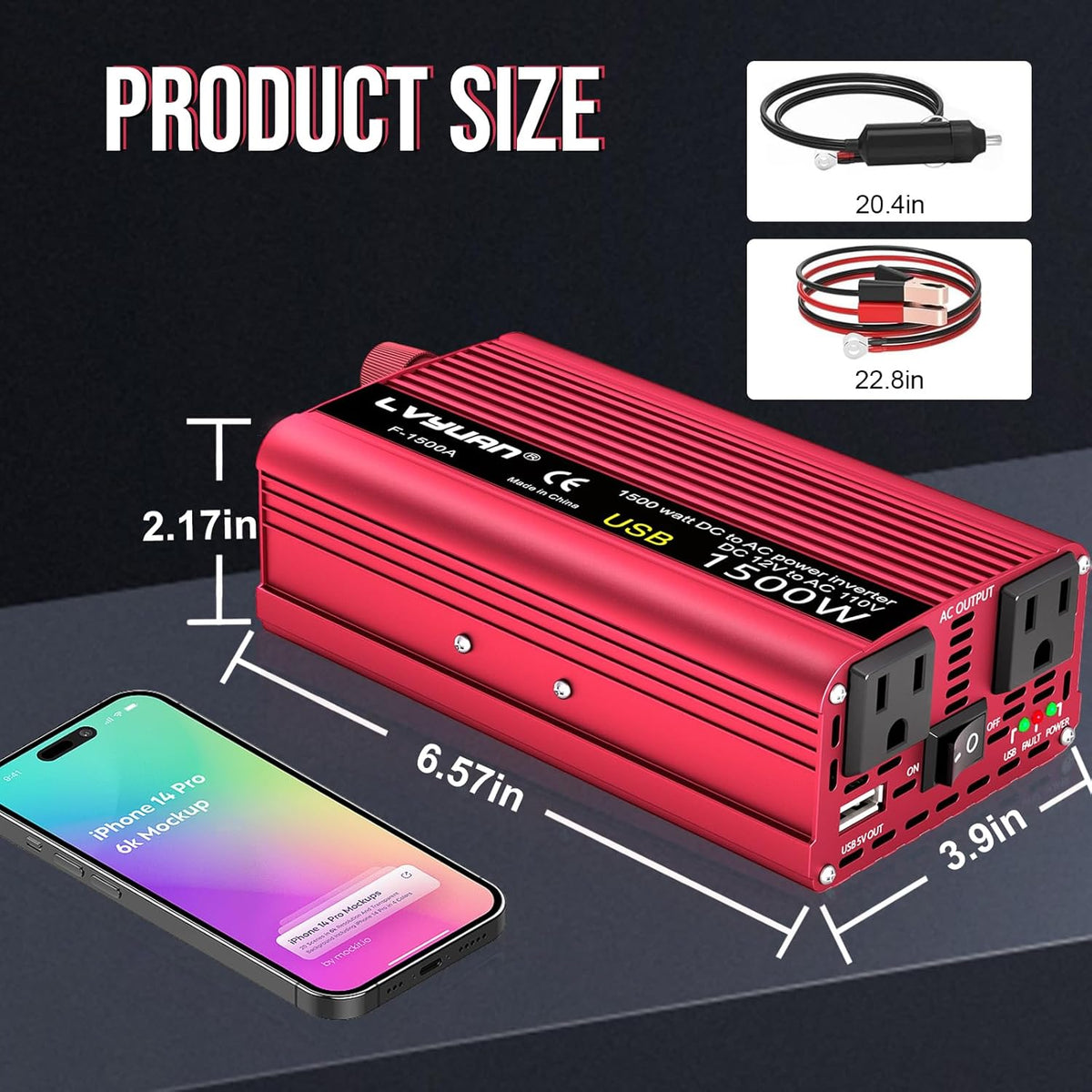 Power Inverter 700W/1500W (Peak) Dual AC Outlets and USB Charging Port DC 12V to 110V AC Car Converter Inverter for Home Car RV Truck Camping