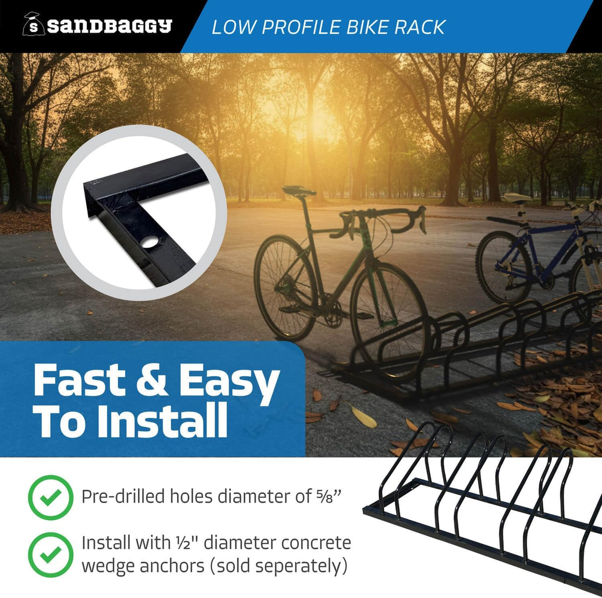 Sandbaggy Commercial Low Profile Bike Rack - Outdoor, Surface Mount, Steel - 4 Bike (4 Capacity (Low-Profile), 1)