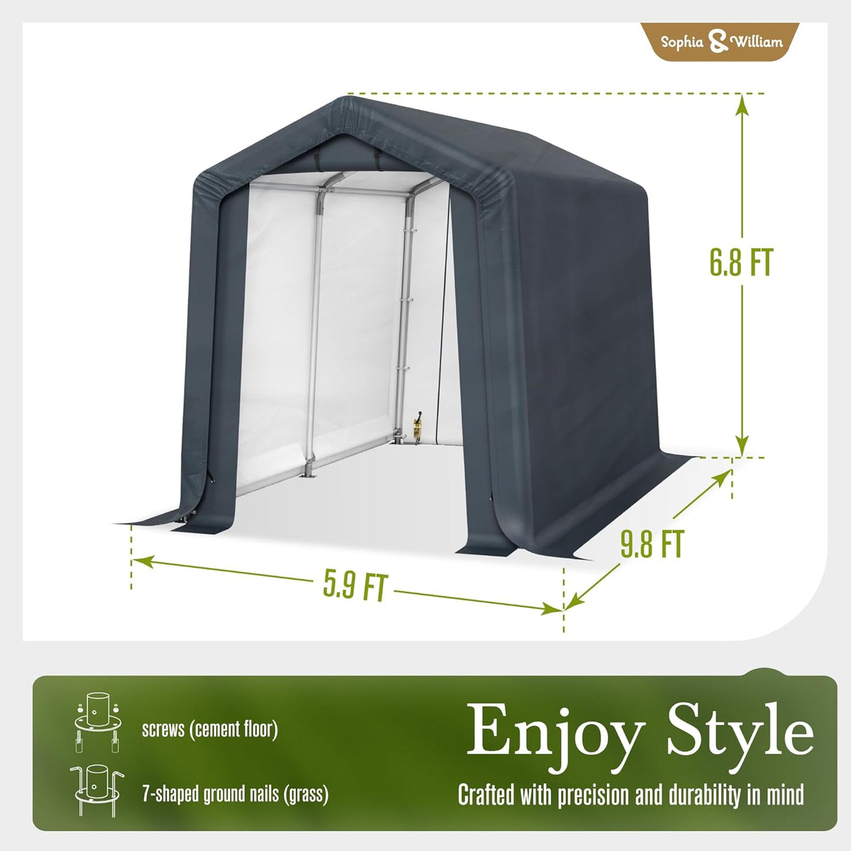 Sophia & William Outdoor Storage Shed Carport 6x10 ft Heavy Duty, Portable Garden Yard Car Port Shelter Storage Tent Garage with Roll Up Doors and Ventilation, Grey