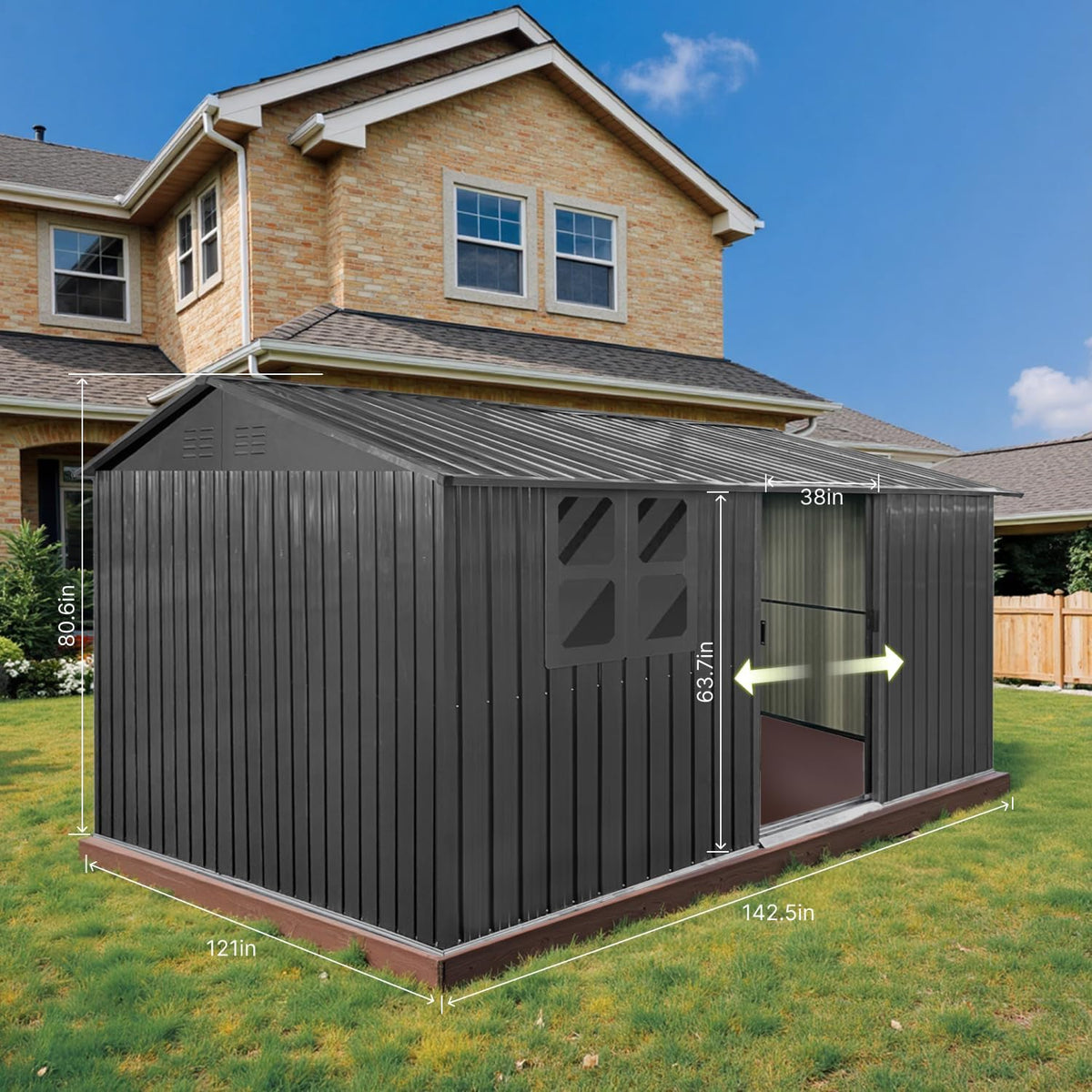 12x10 Ft Storage Shed Outdoor, XL Permanent Steel Building with Window, Sliding Doors and 4 Air Vents for Backyard Garden Patio Lawn - Black