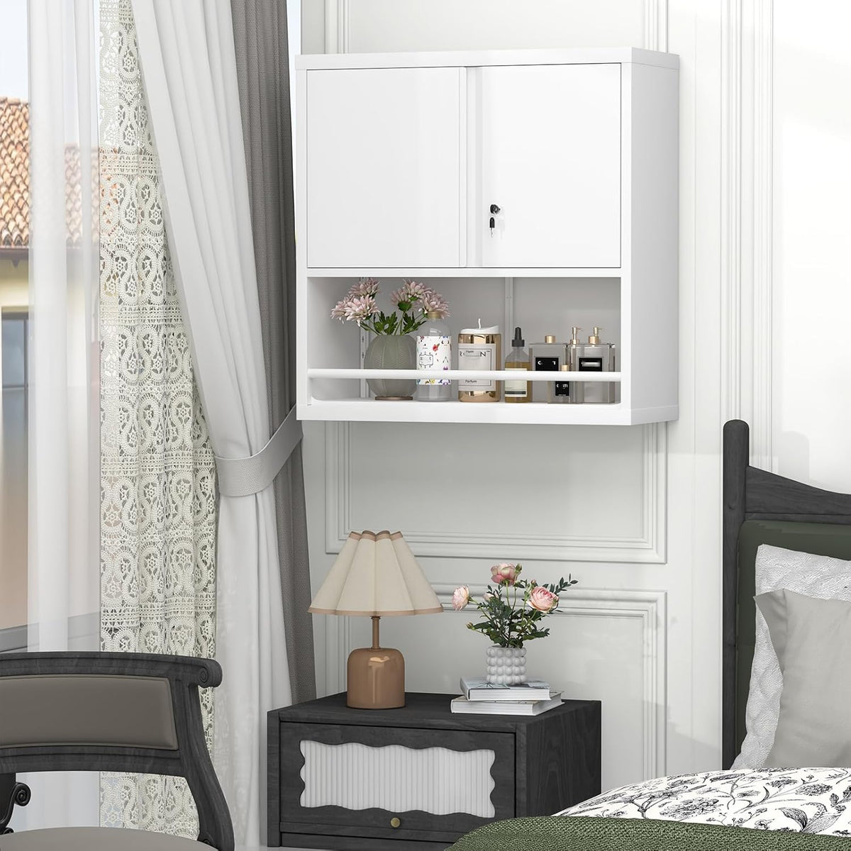 GREATMEET Locking Metal Garage Storage Cabinet with Doors and Shelves, 31" H Lockable Wall Cabinet Storage, White Steel Wall Mount Cabinet for Office