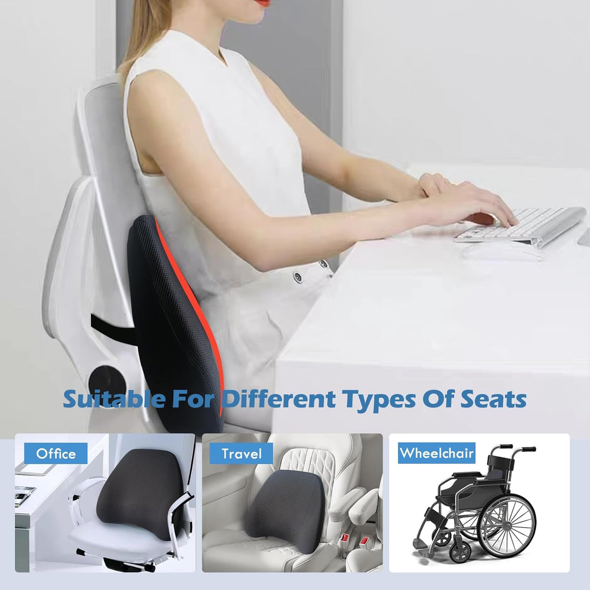 Super Cozy Lumbar Support Pillow for Car/Office Chair, 100% Memory Foam Lumbar Pillow with Breathable Removable Cover, Ergonomic Design - Back Support for Back Pain Relief(Adjustable Strap, Black)